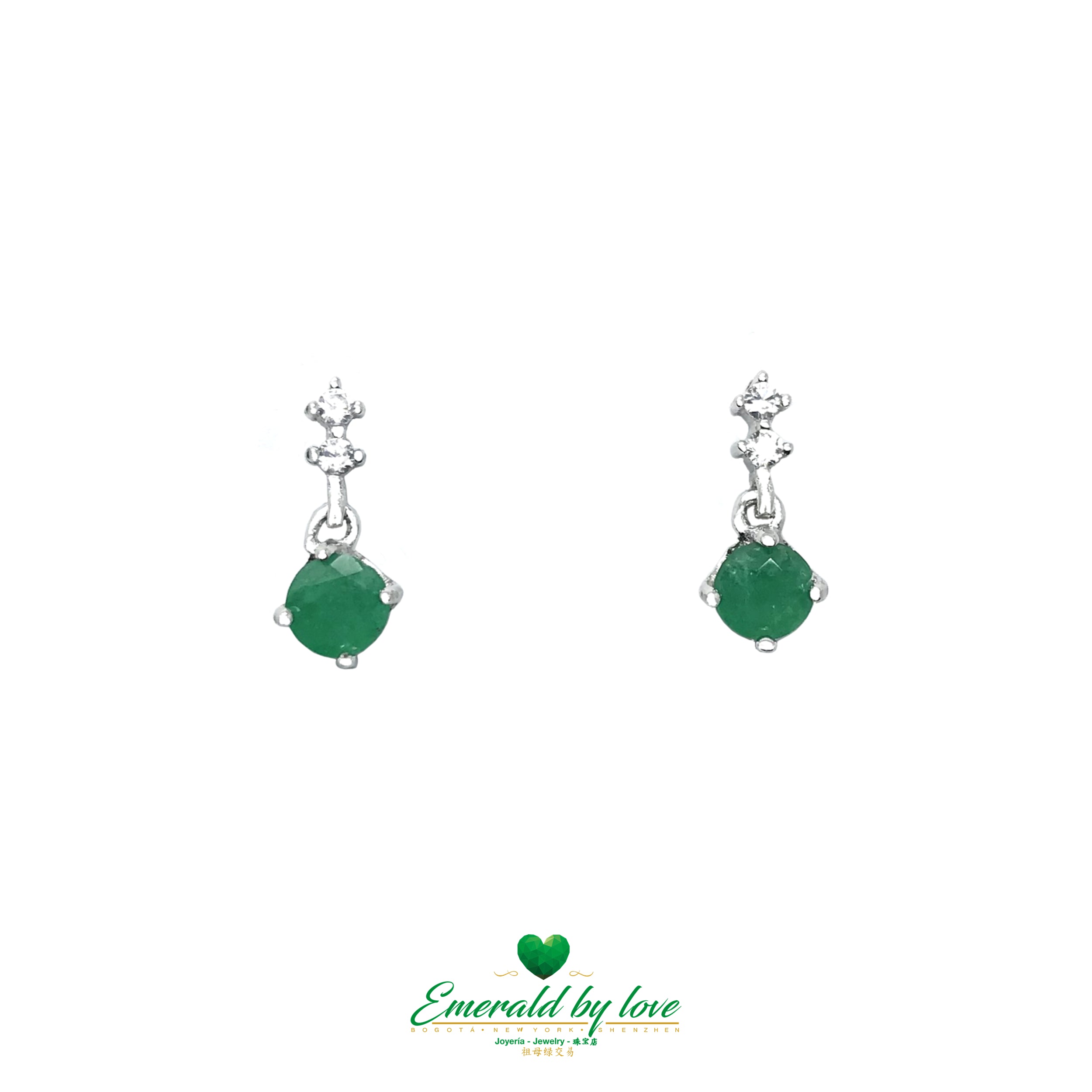 Boucles d'oreilles en argent avec doubles zircons et émeraudes colombiennes rondes centrales