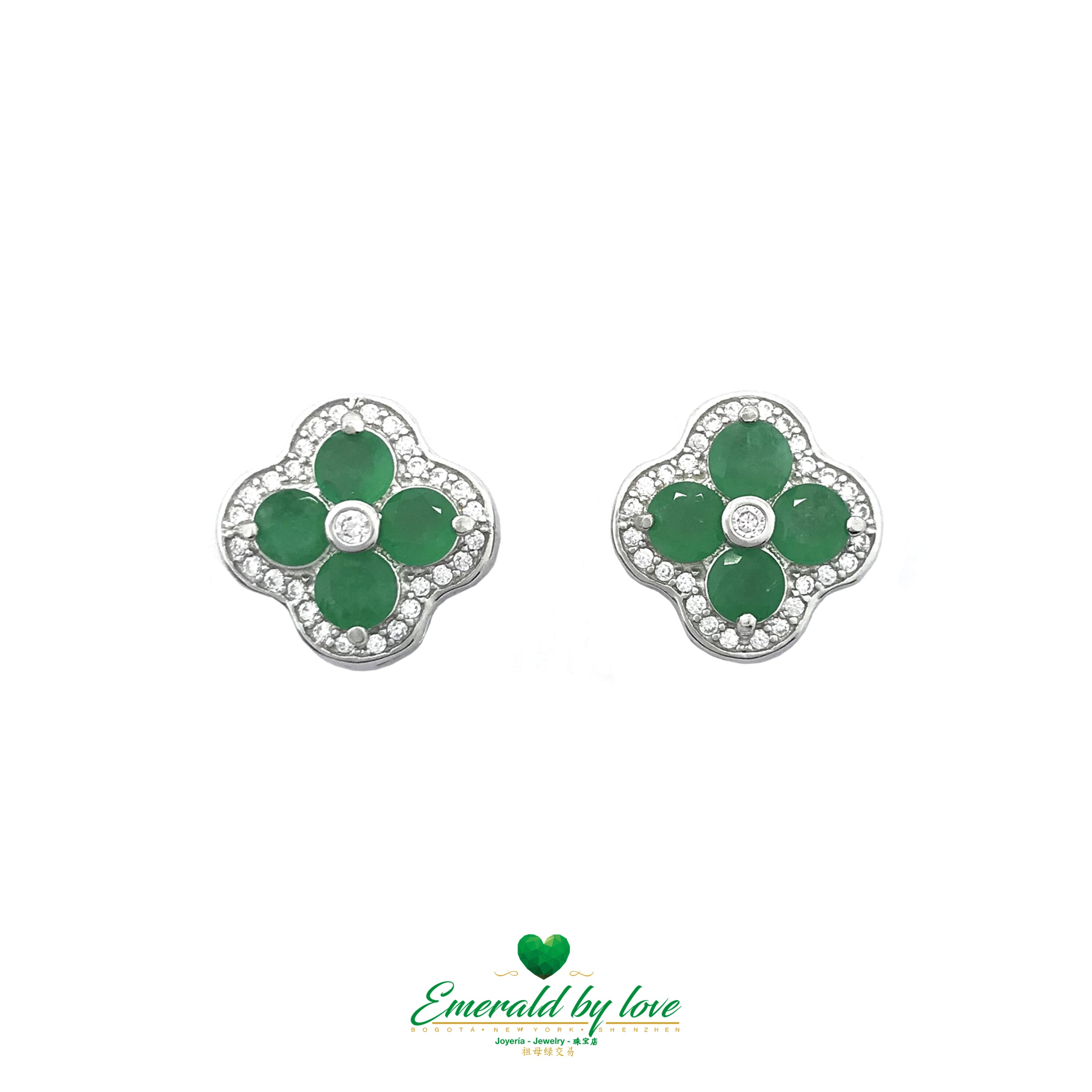 Sterling Silver Four-Leaf Clover Earrings Adorned with Colombian Emeralds and Cubic Zirconia