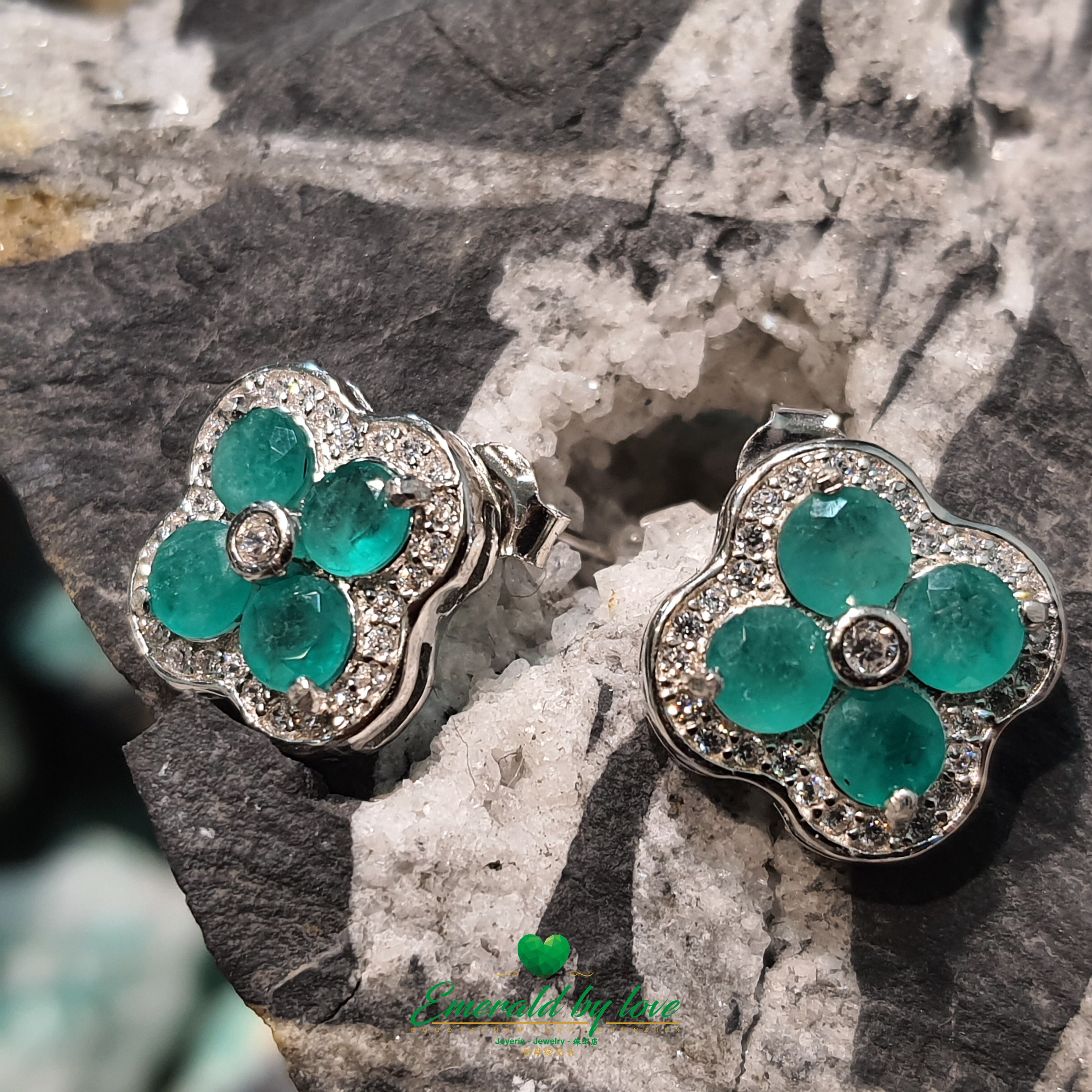 Sterling Silver Four-Leaf Clover Earrings Adorned with Colombian Emeralds and Cubic Zirconia