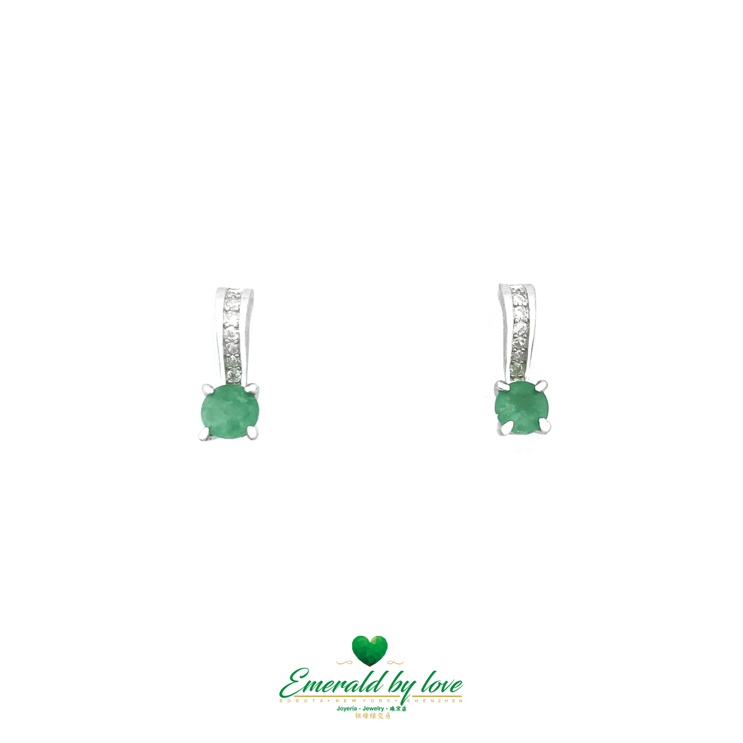 Elongated Sterling Silver Earrings with Round Colombian Emerald and Cubic Zirconia