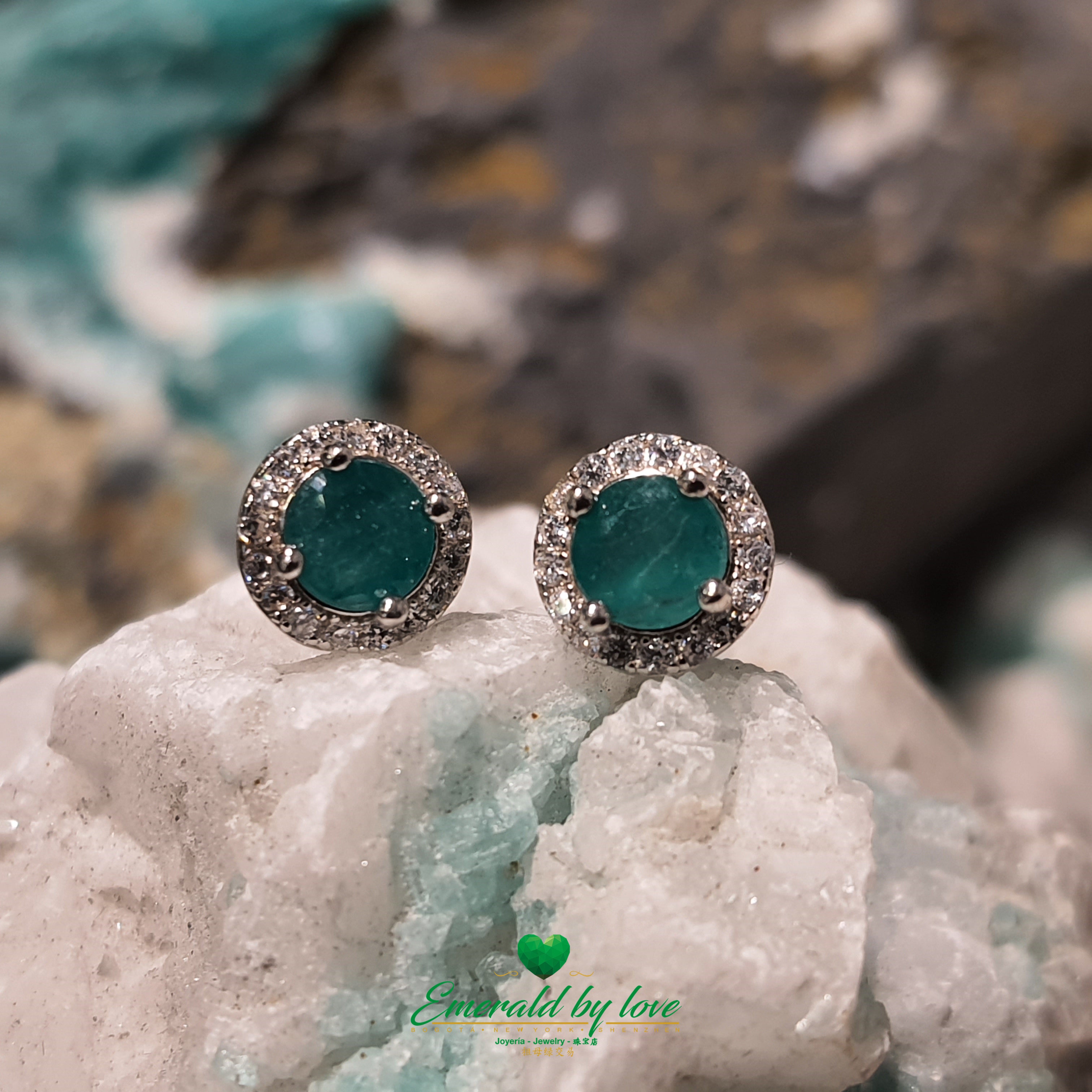 Elegant Round Sterling Silver Earrings with Central Emerald of Exceptional Color and Size