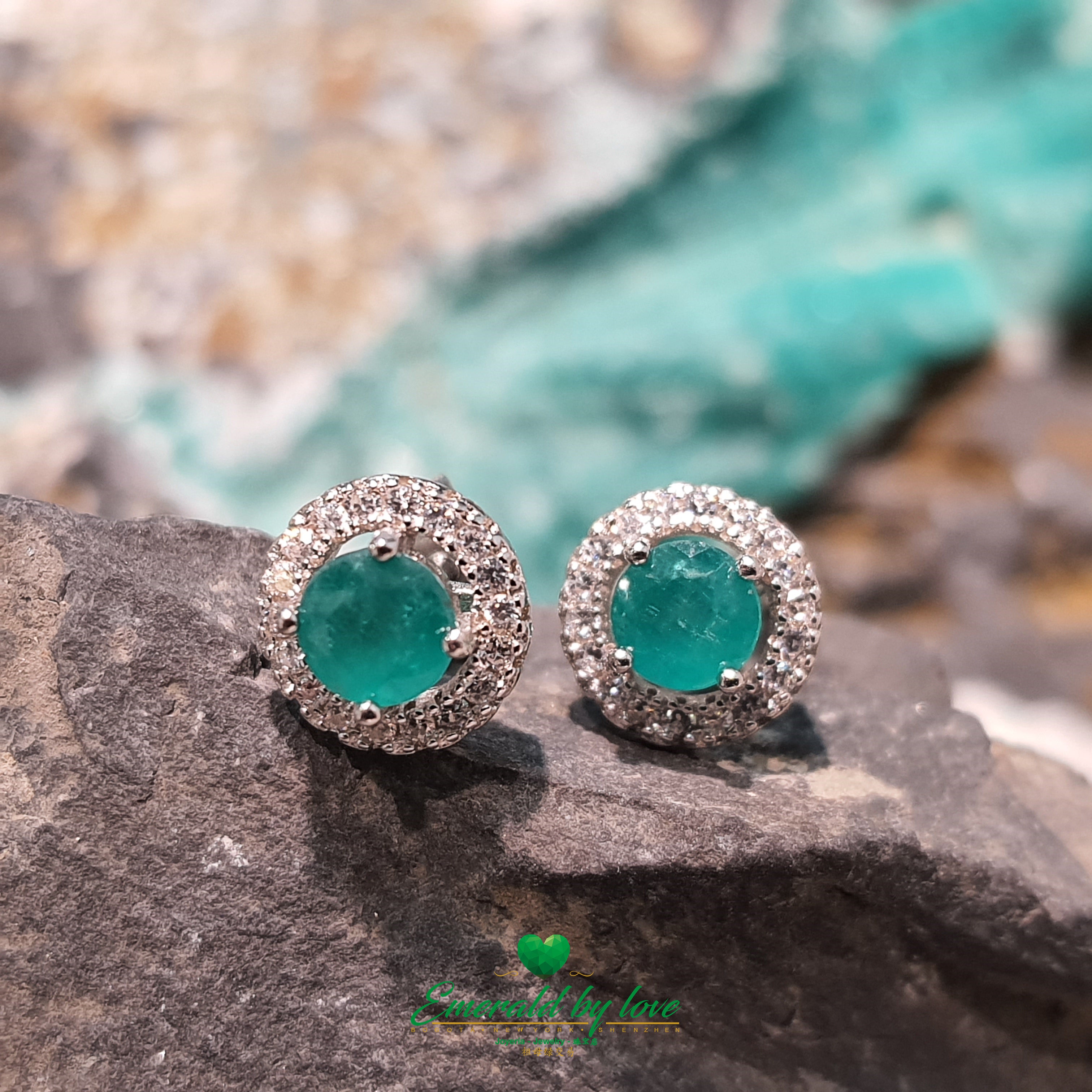 Sterling Silver Marquise Earrings with Round Central Emerald in Four-Prong Setting