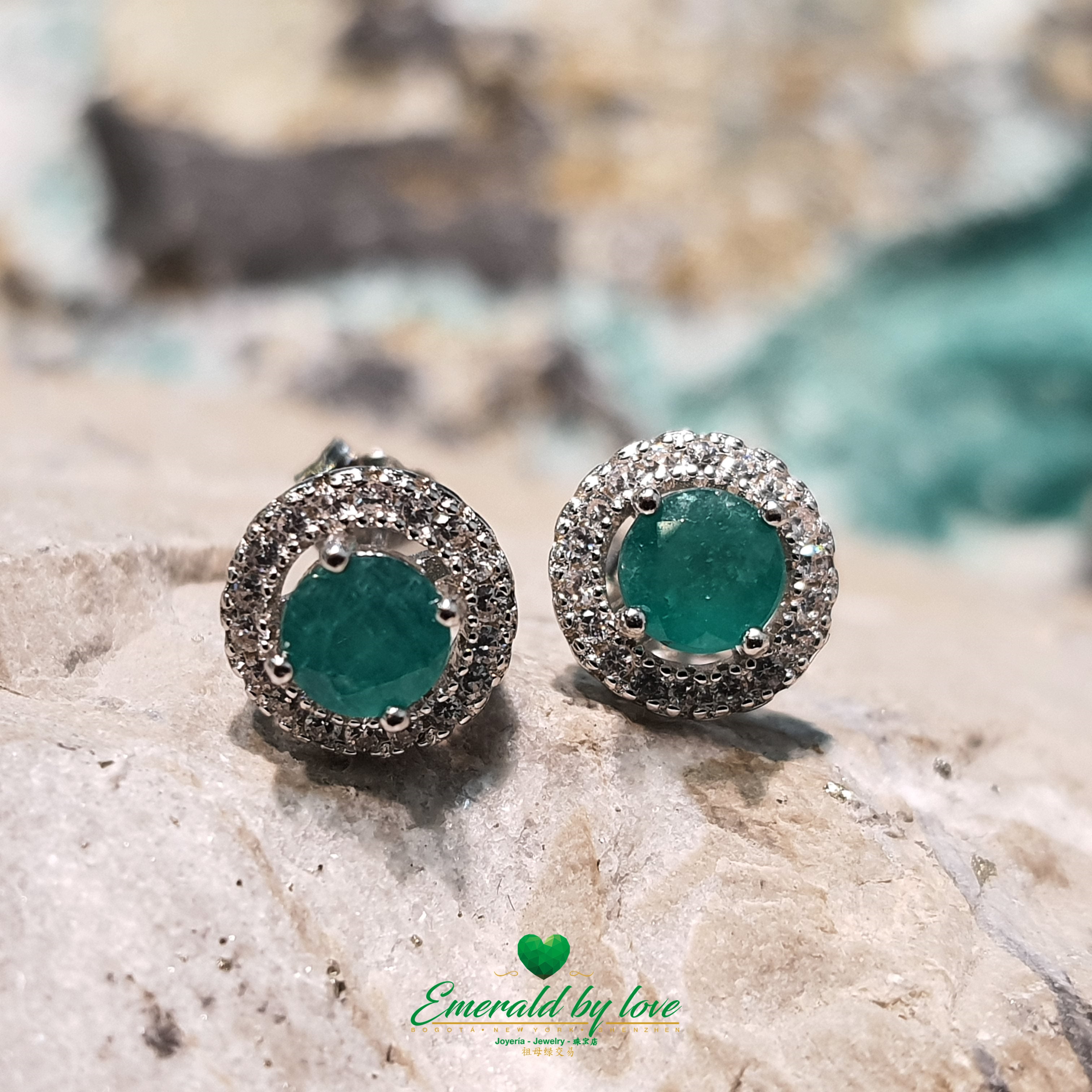 Sterling Silver Marquise Earrings with Round Central Emerald in Four-Prong Setting