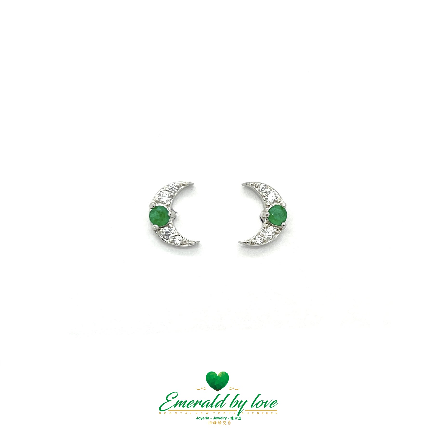 Boucles d'oreilles en forme de croissant de lune en argent sterling avec émeraude centrale ronde