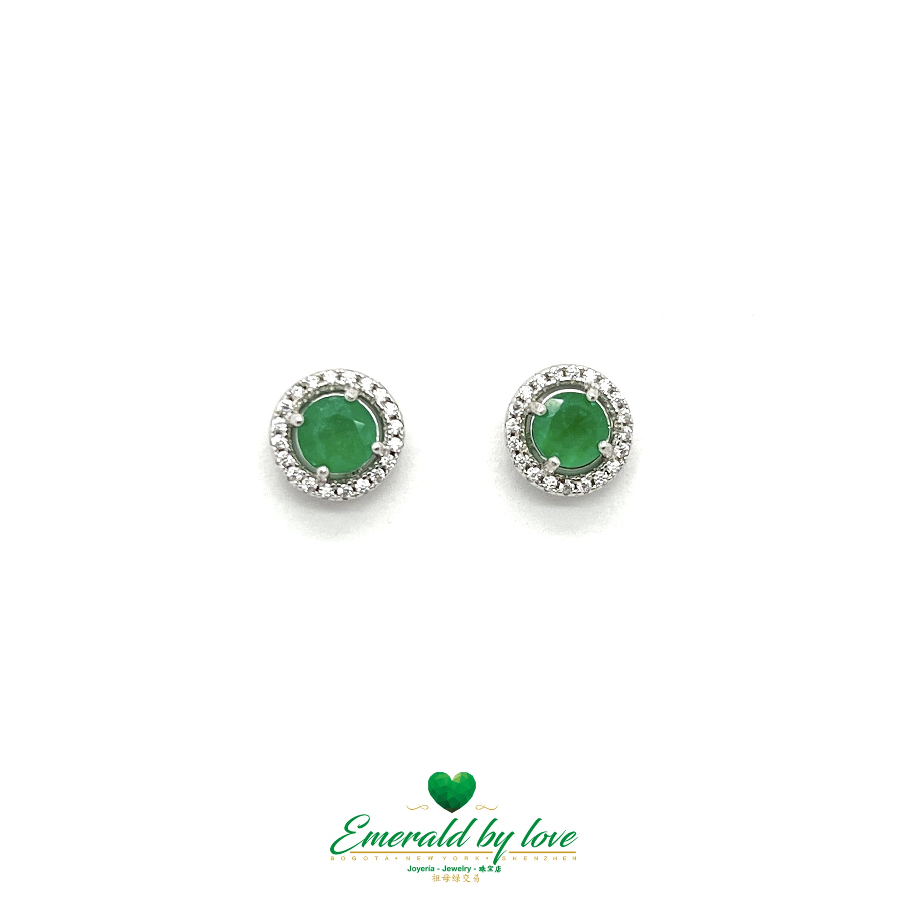 Round Sterling Silver Earrings with Central Emerald Surrounded by Zirconia