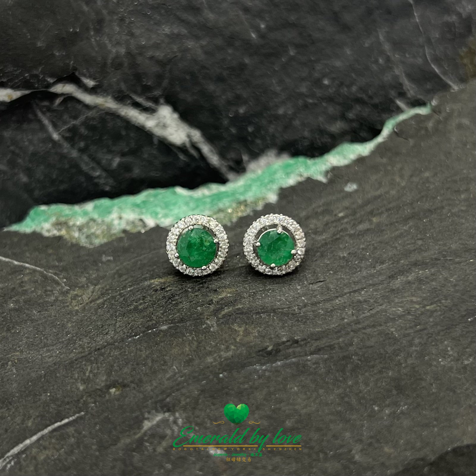 Round Sterling Silver Earrings with Central Emerald Surrounded by Zirconia