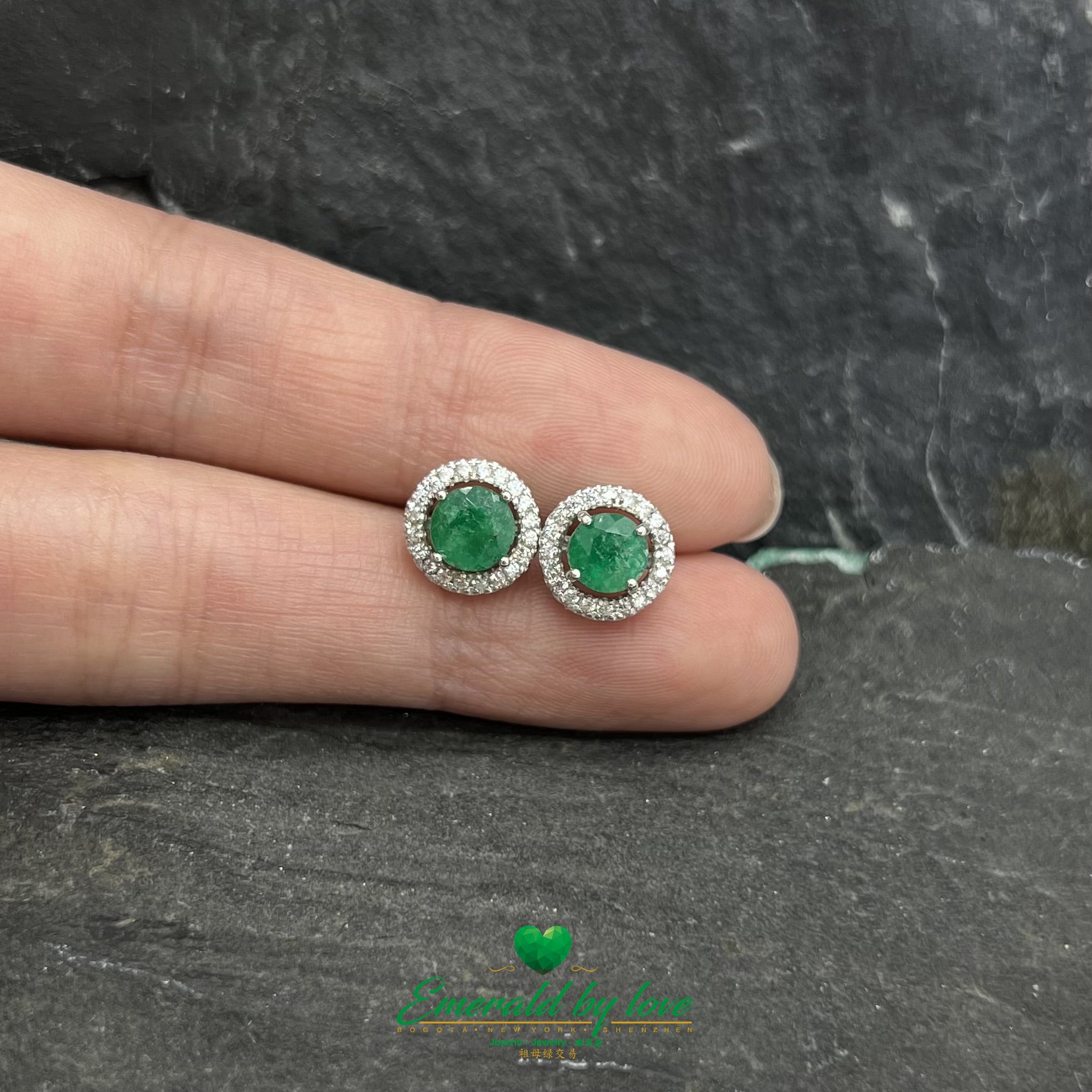 Round Sterling Silver Earrings with Central Emerald Surrounded by Zirconia