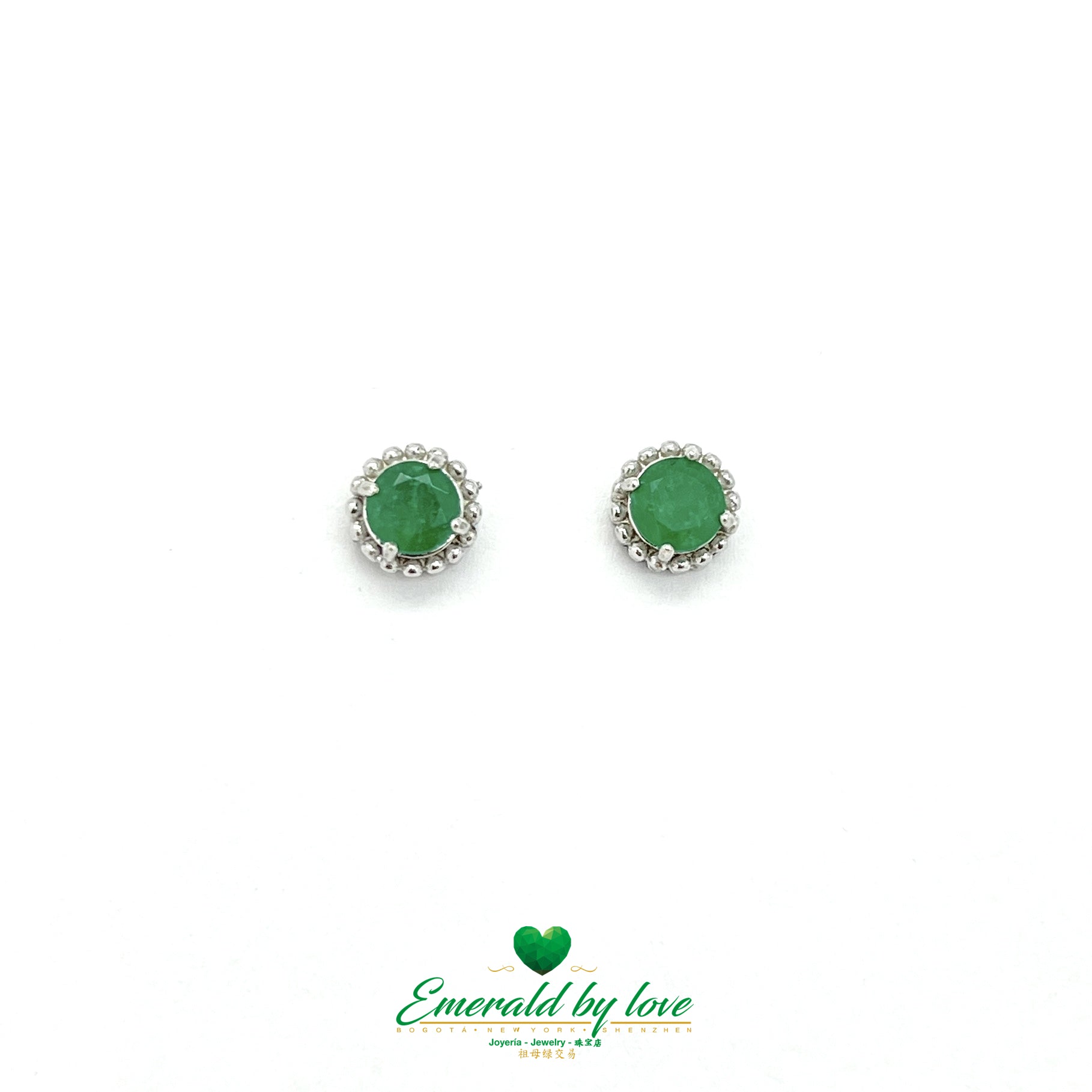 Delicate Sterling Silver Earrings with Round Emerald on a Floral Silver Bed