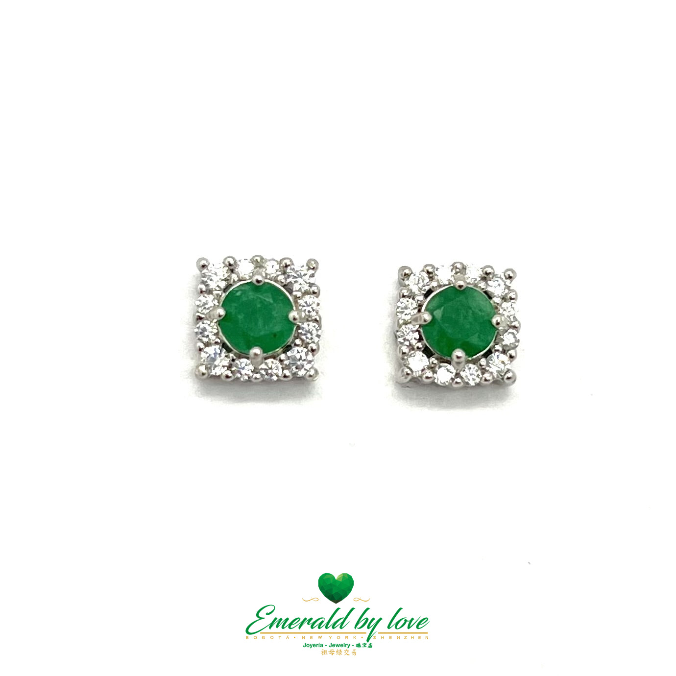 Square Sterling Silver Earrings with Round Central Emerald