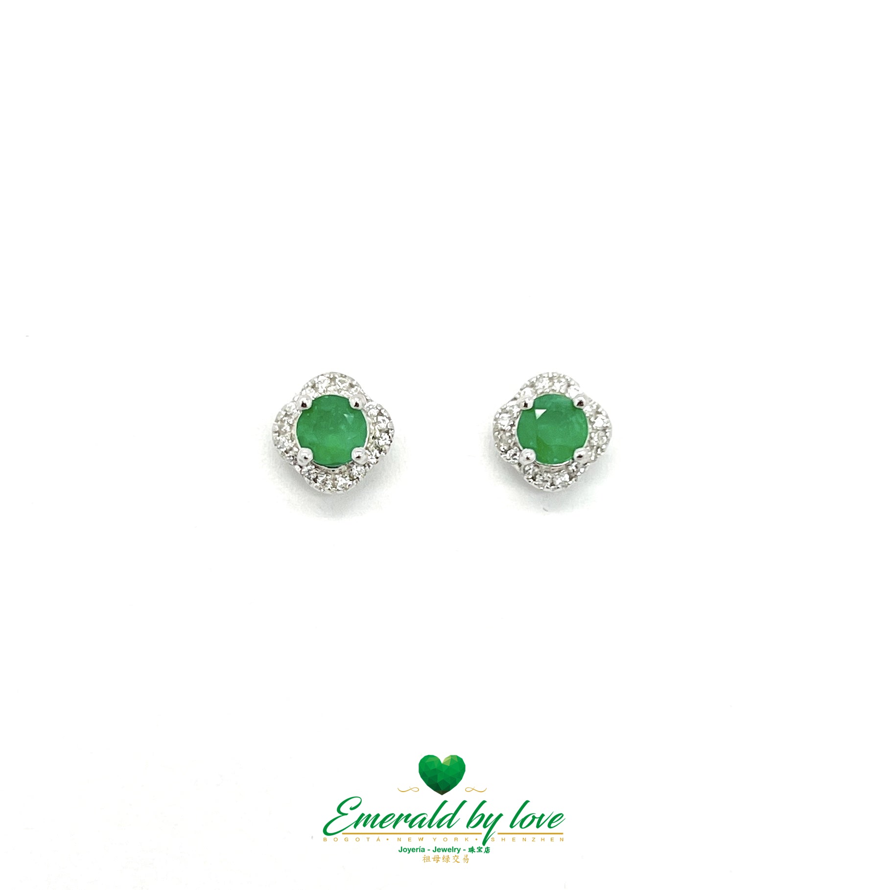 Round Border Sterling Silver Earrings with Central Round Emerald Surrounded by Zirconia