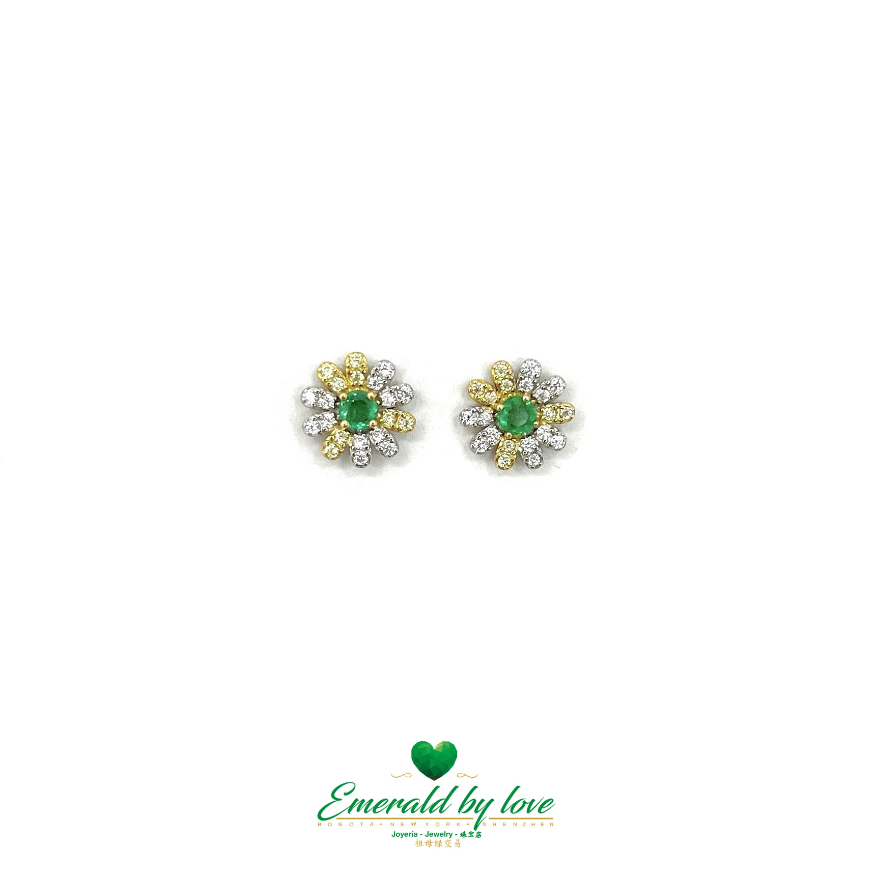 925 Sterling Silver Flowers with Gold-Plated Leaves and Central Emeralds