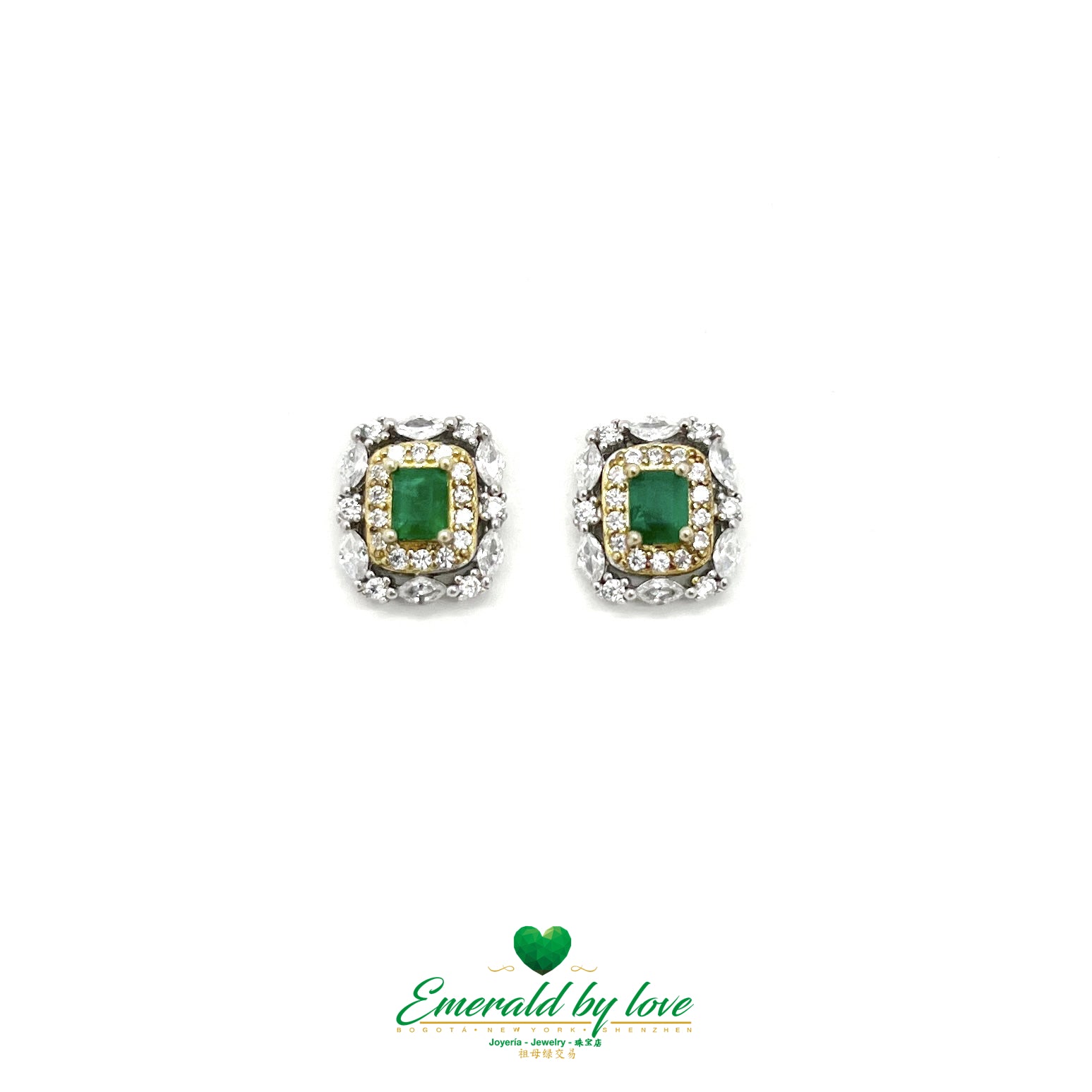 Pendientes Rectangulares de Plata de Ley con Baño de Oro y Esmeralda Baguette Central