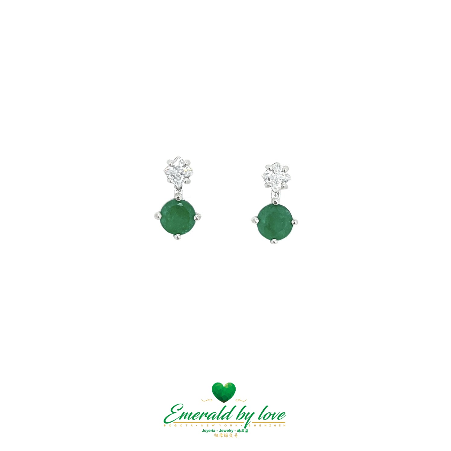 Silver Earrings with Central Round Emerald and Square Cubic Zirconia Accents