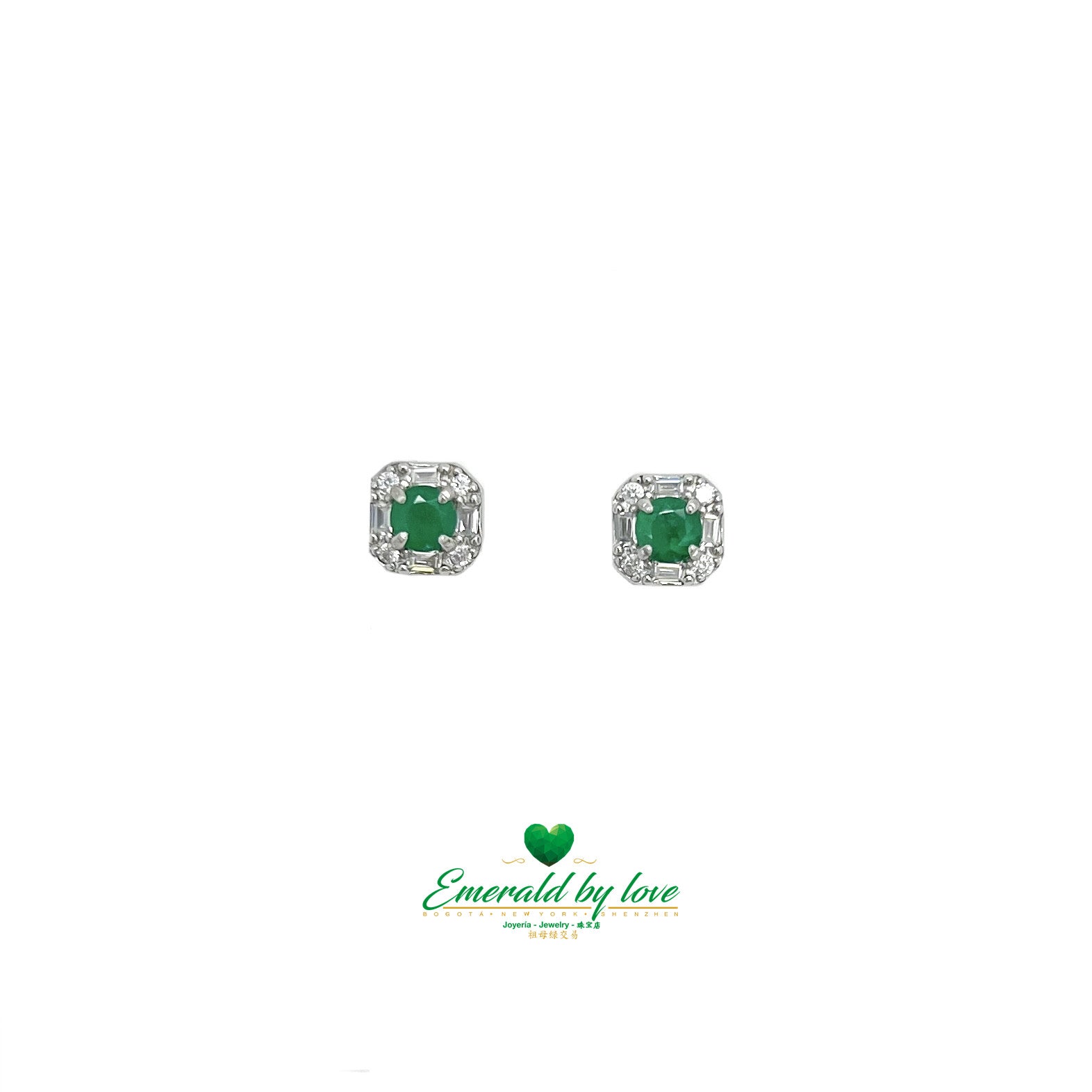 Pendientes Marqués de Plata con Circonitas Baguette y Centro de Esmeralda Redonda