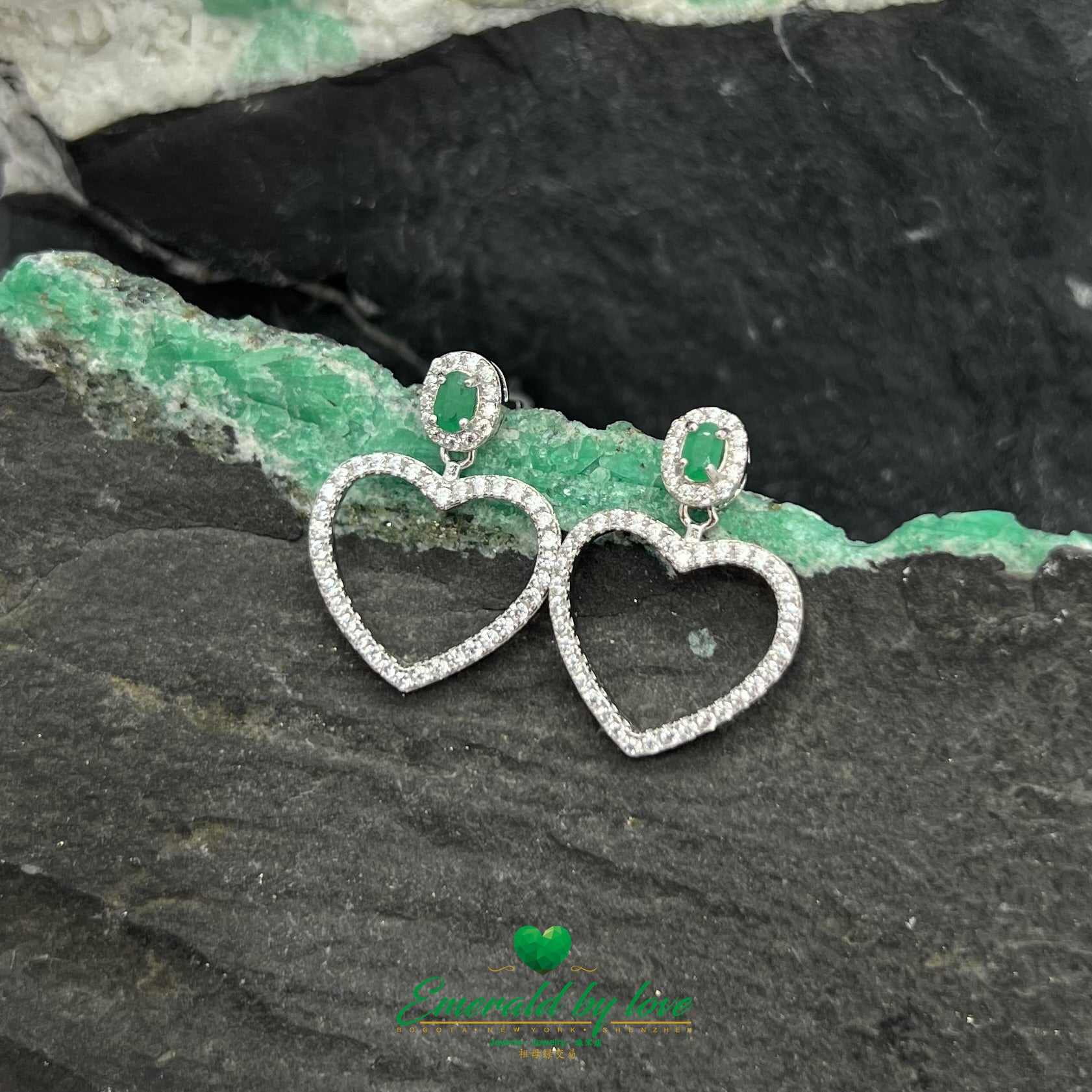 Divine Long Heart-Shaped Sterling Silver Earrings with Central Oval Emerald