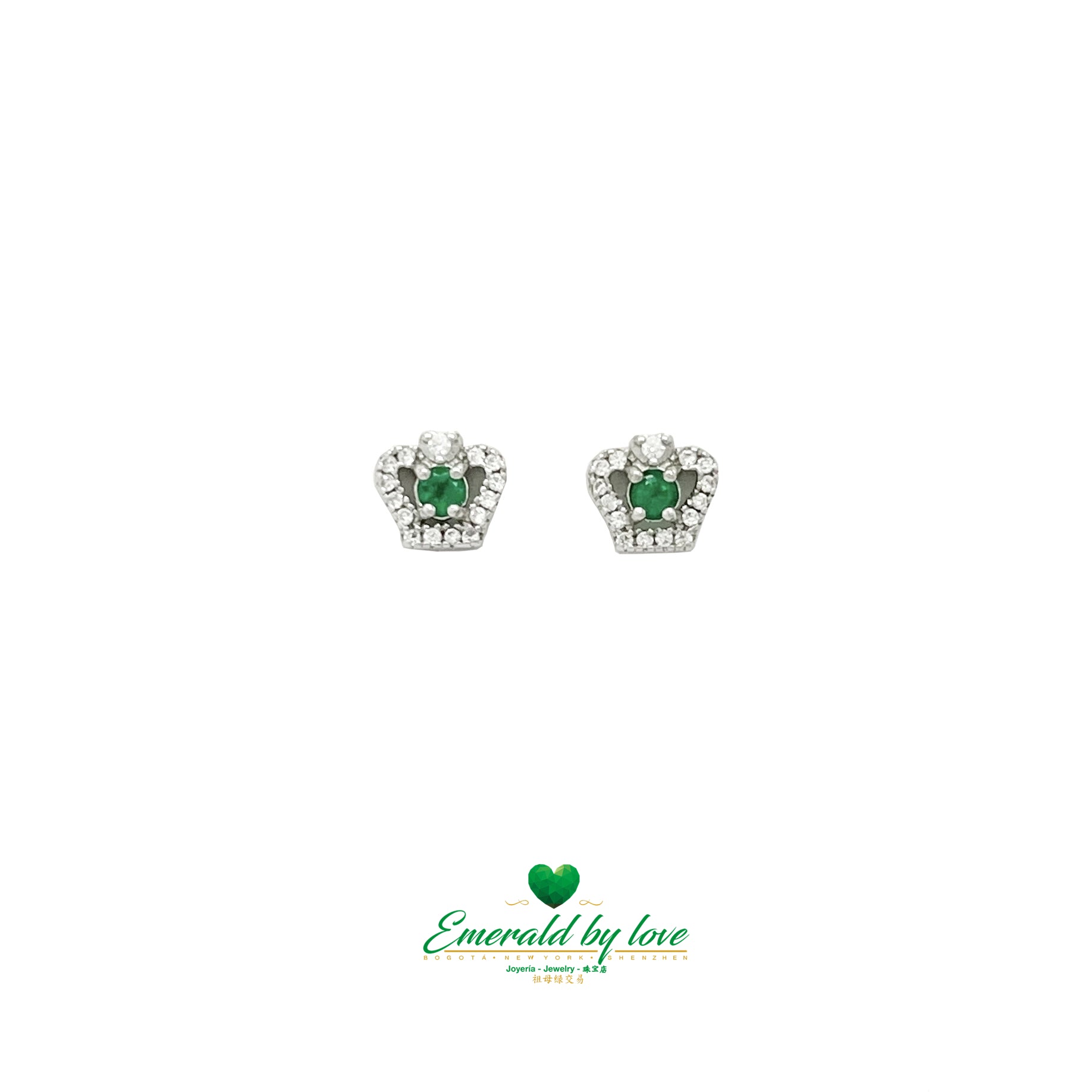 Boucles d'oreilles couronne en argent sterling avec émeraudes colombiennes rondes centrales