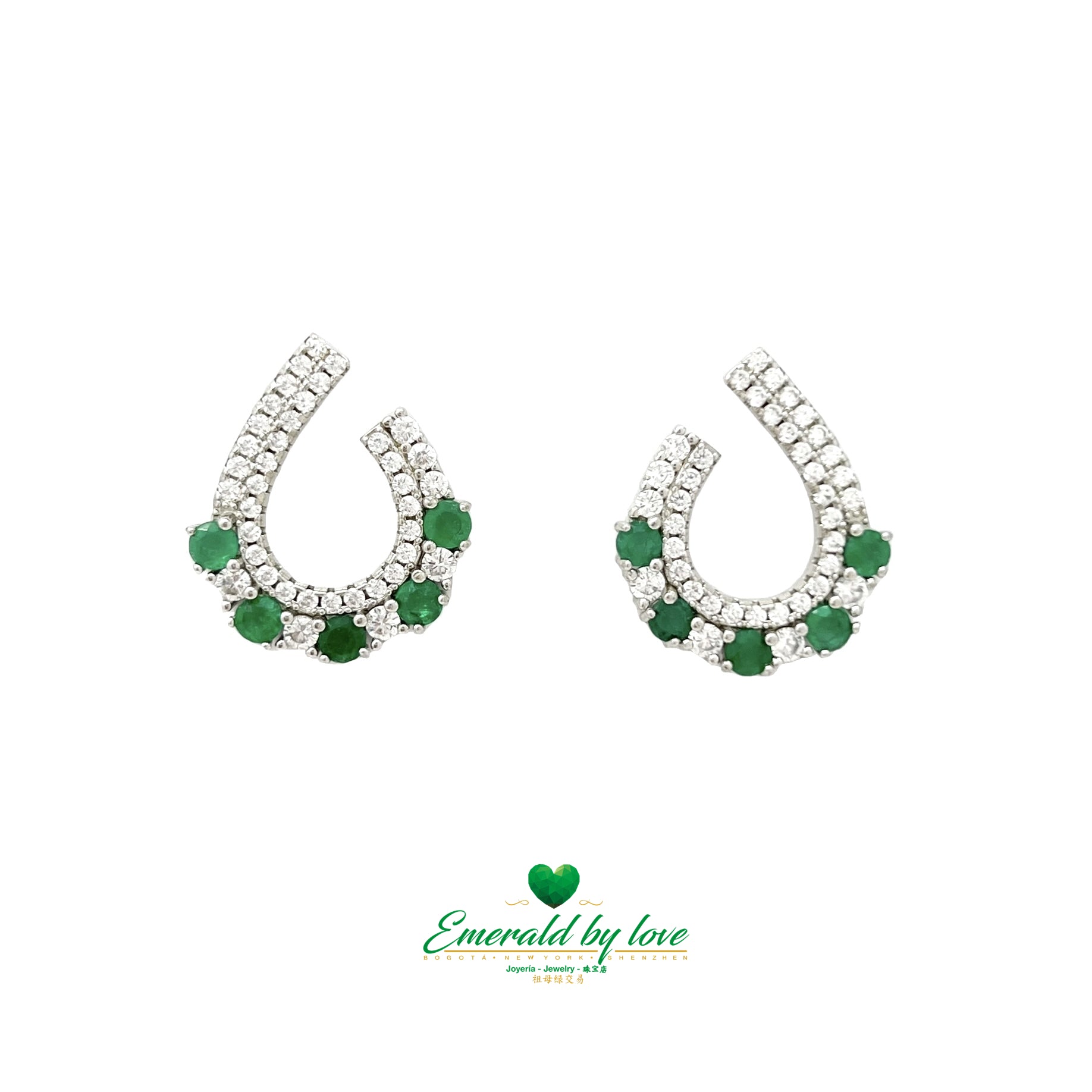 Boucles d'oreilles semi-circulaires glamour avec émeraudes colombiennes rondes