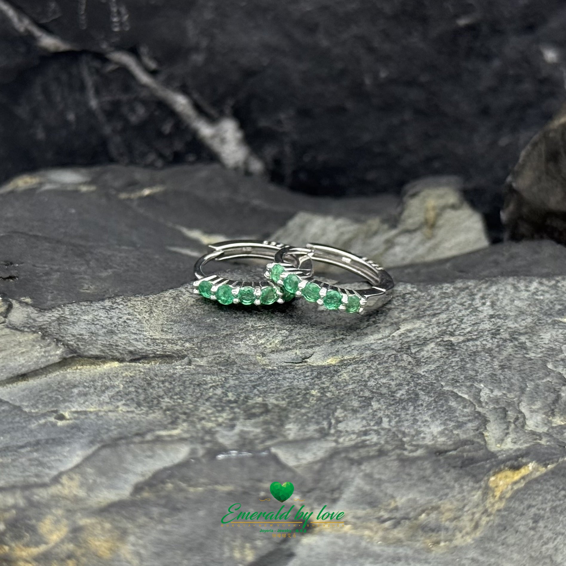 Small 925 Sterling Silver Hoops with Round Colombian Emeralds