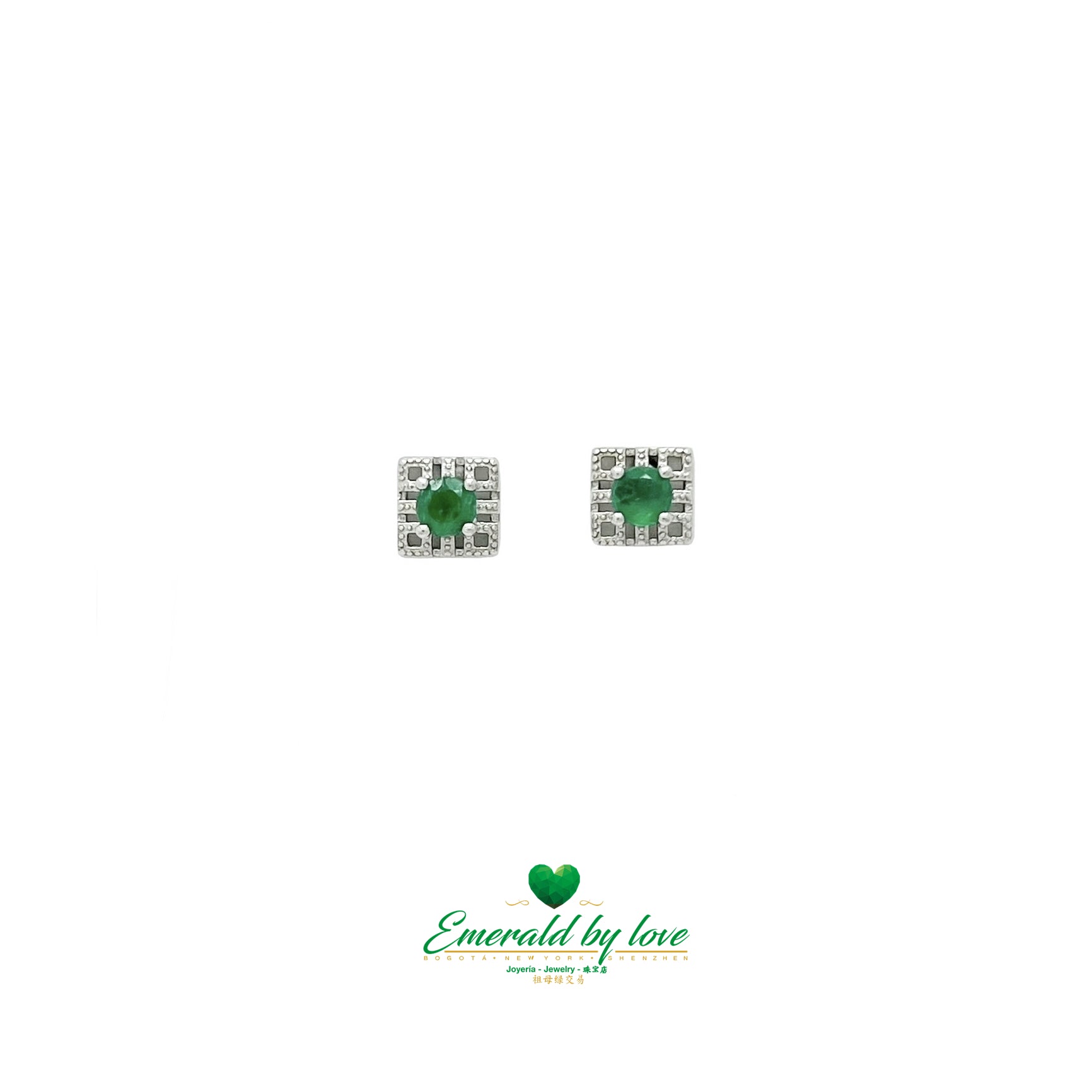 Petites boucles d'oreilles carrées en argent sterling avec émeraudes rondes centrales