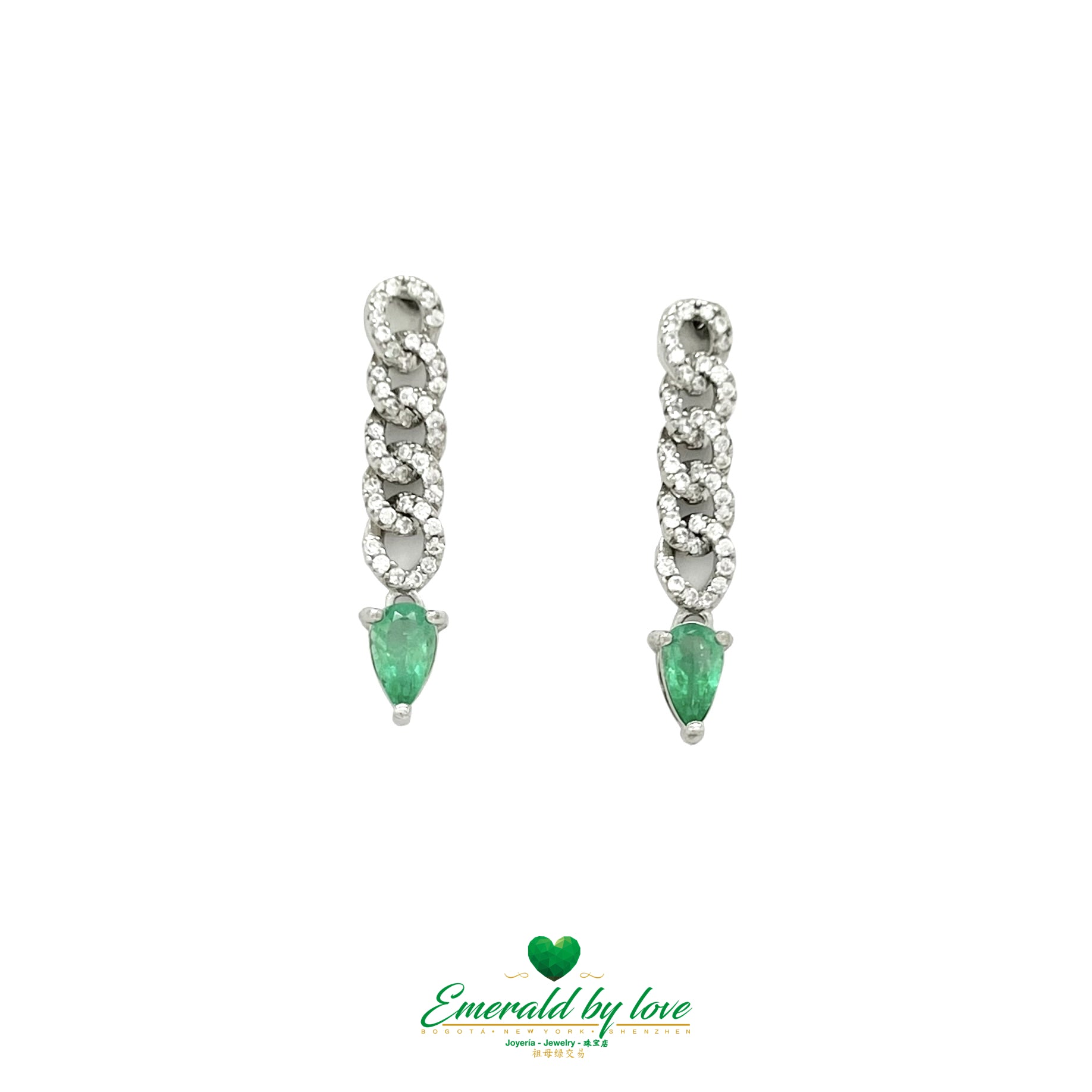 Boucles d'oreilles allongées en argent avec émeraudes colombiennes et chaînes en zircone