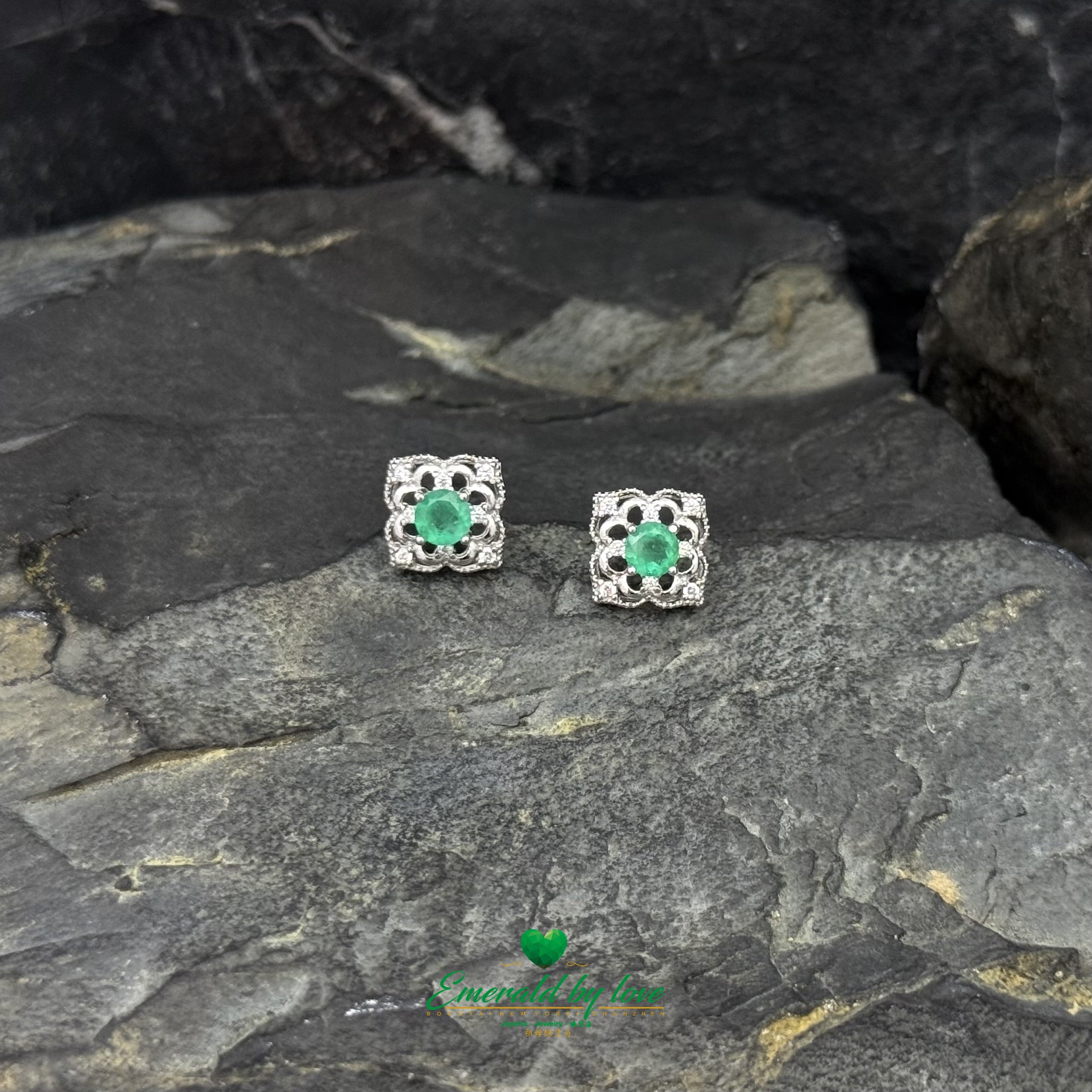 Sterling Silver Floral Earrings with Filigree Arabesques & Central Round Colombian Emerald
