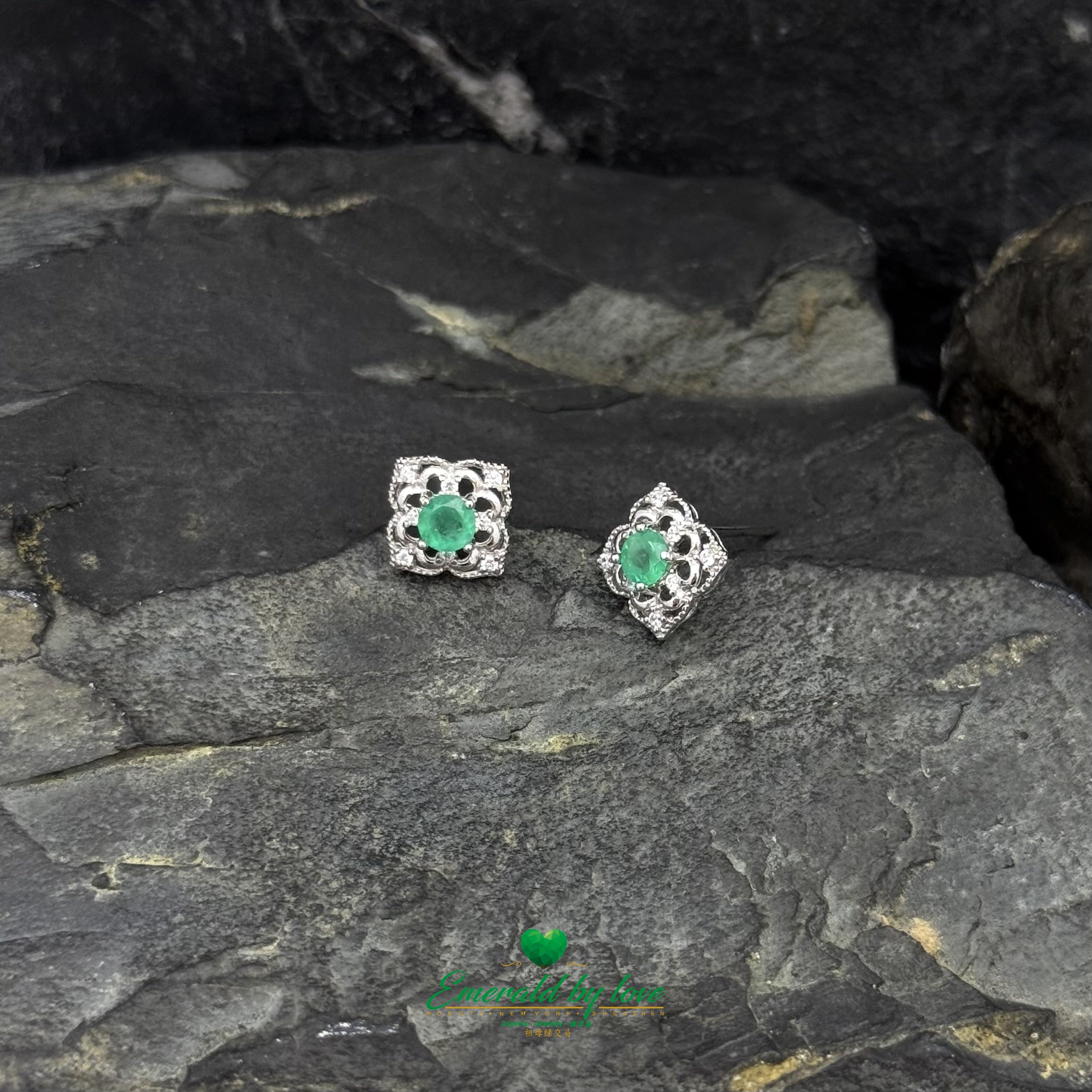 Sterling Silver Floral Earrings with Filigree Arabesques & Central Round Colombian Emerald