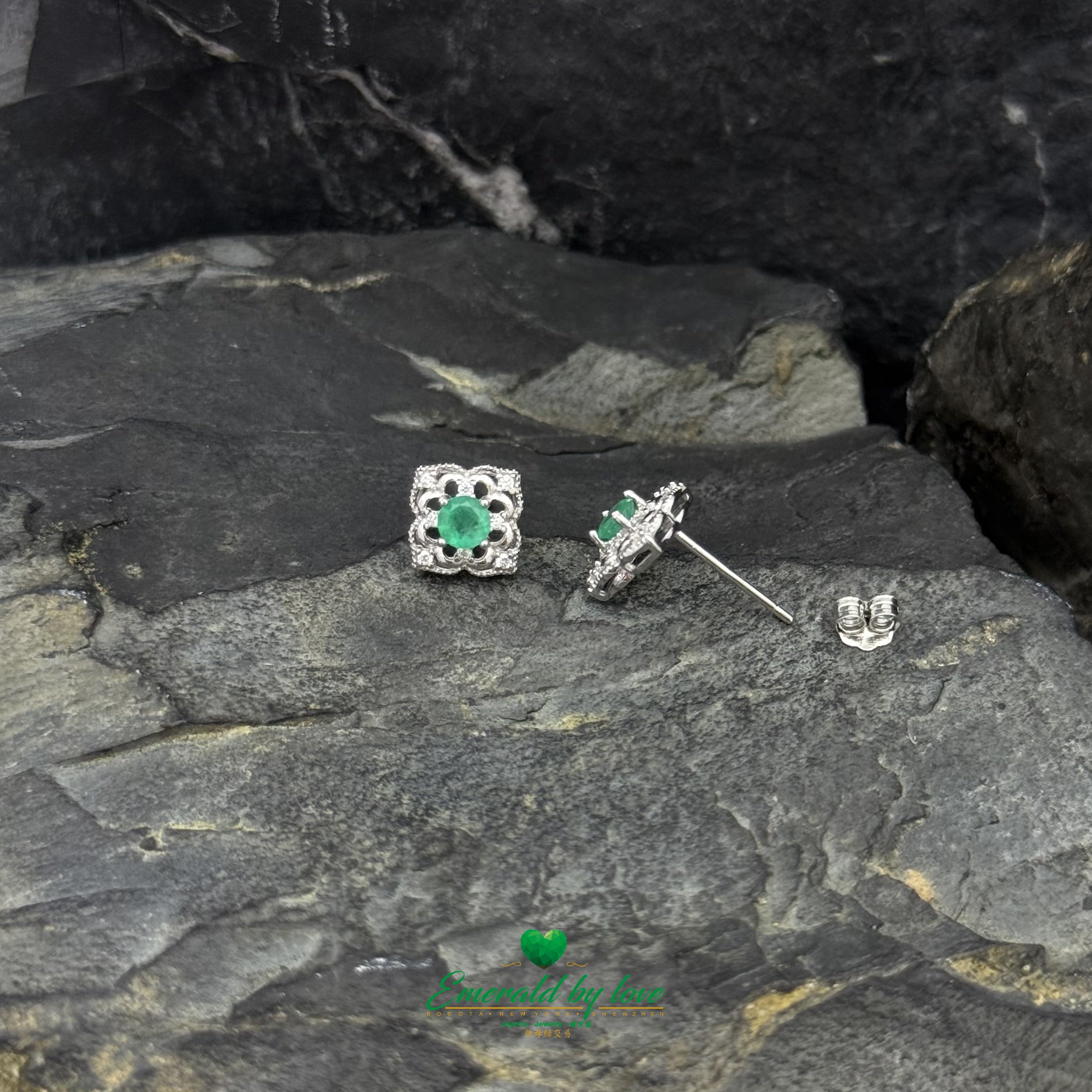 Sterling Silver Floral Earrings with Filigree Arabesques & Central Round Colombian Emerald