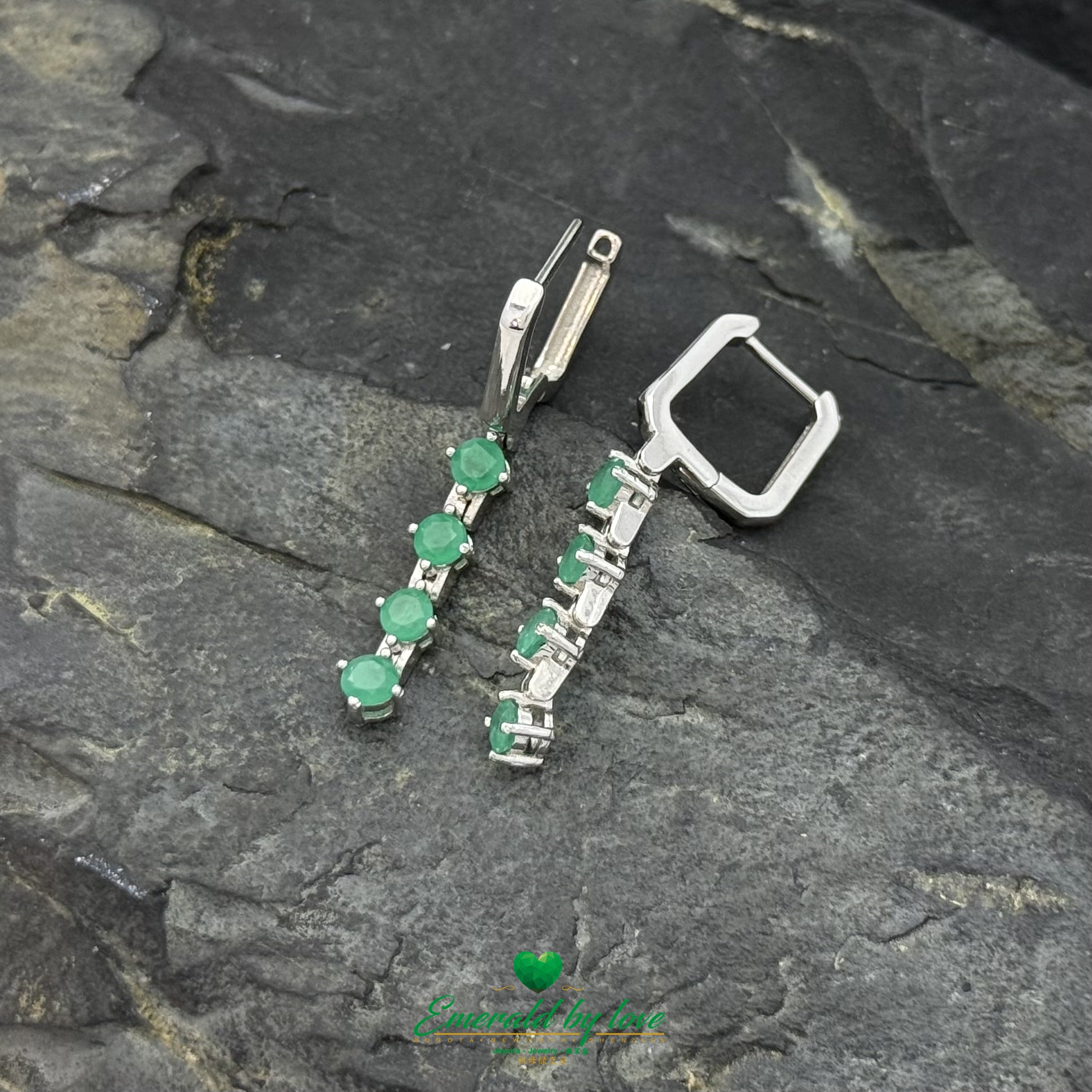 Elongated 925 Silver Earrings with Round Colombian Emerald and Hoop Clasp
