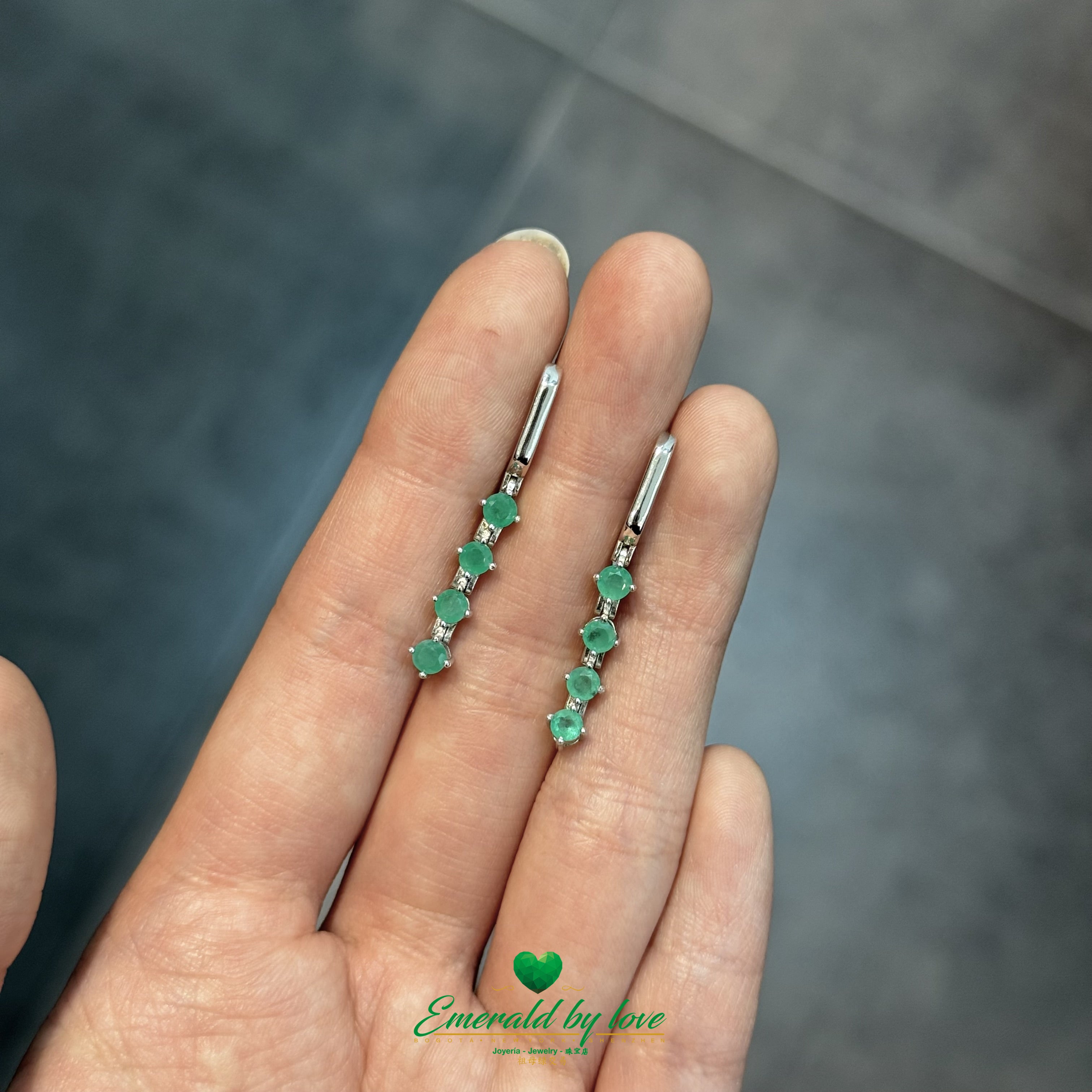 Elongated 925 Silver Earrings with Round Colombian Emerald and Hoop Clasp