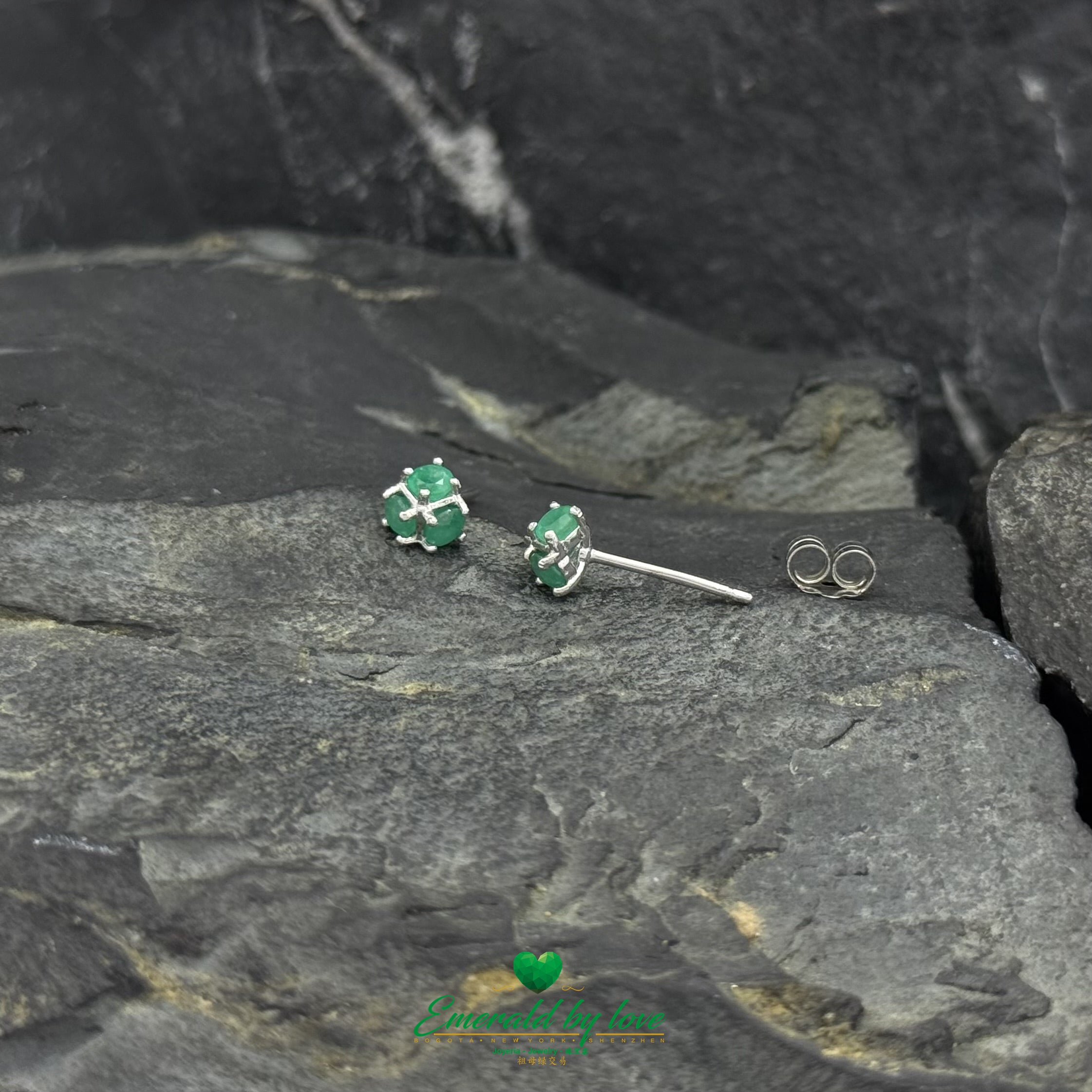 Small Three-Dimensional Earrings with Three Round Colombian Emeralds