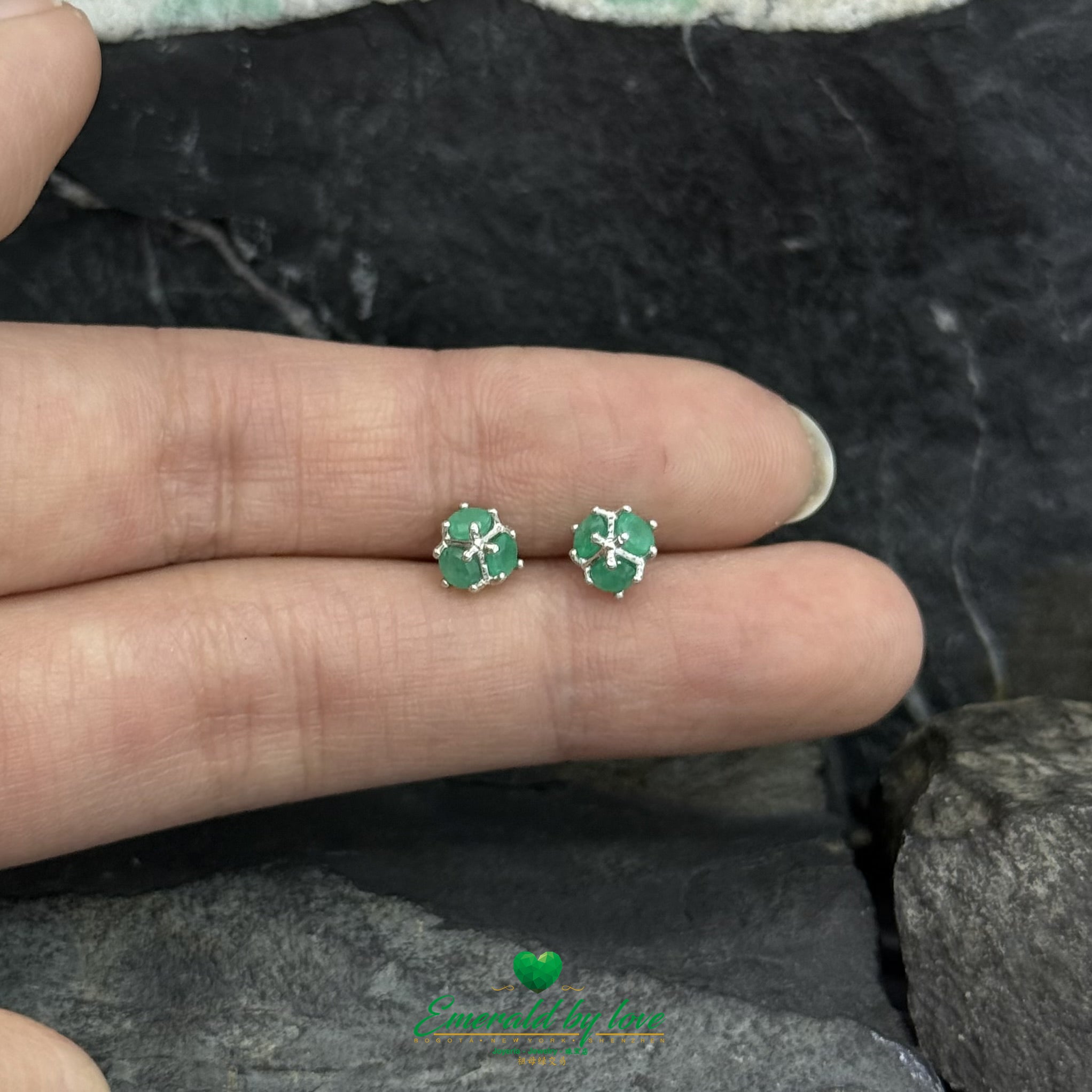 Small Three-Dimensional Earrings with Three Round Colombian Emeralds