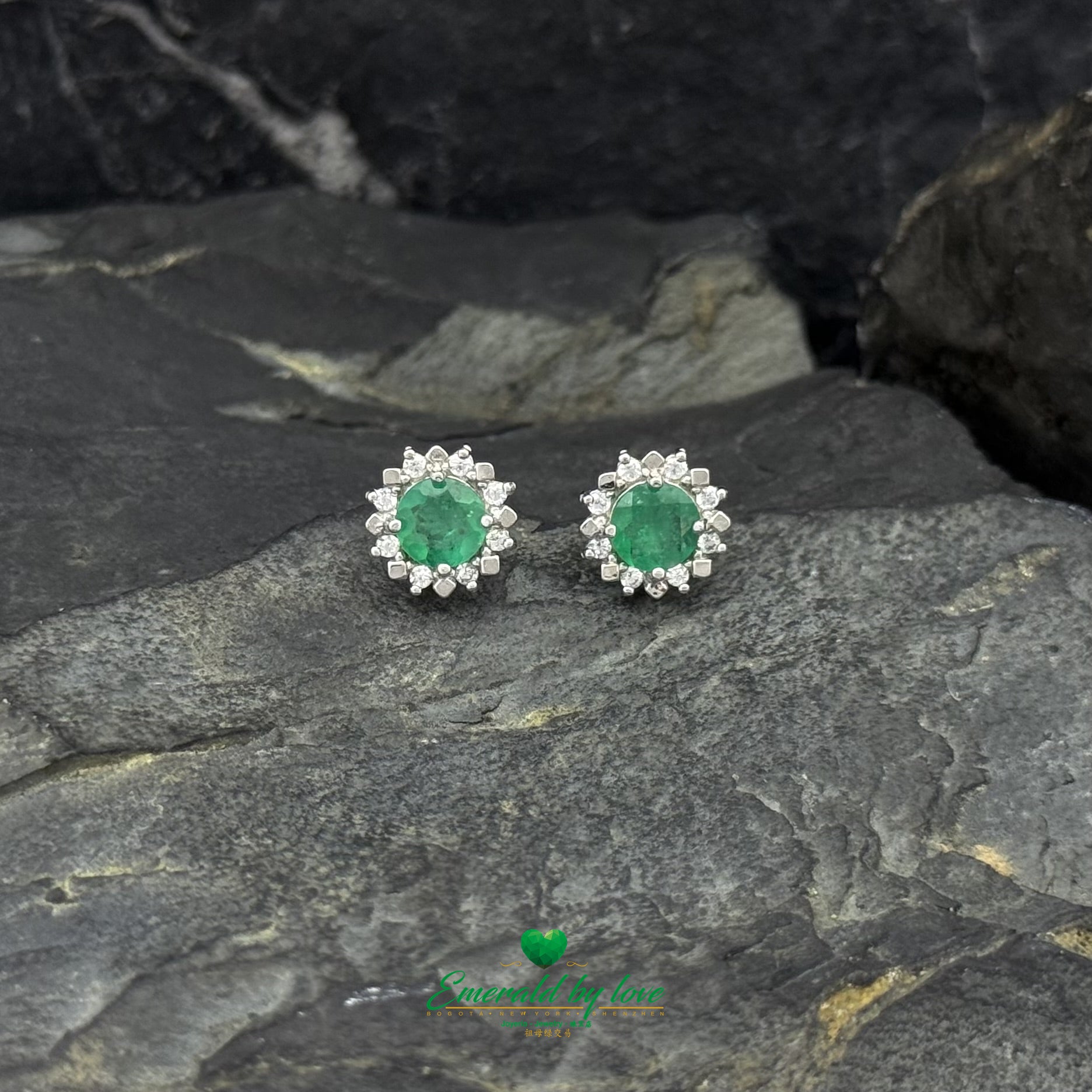 Sunflower-Inspired Earrings with Large Round Colombian Emerald Center