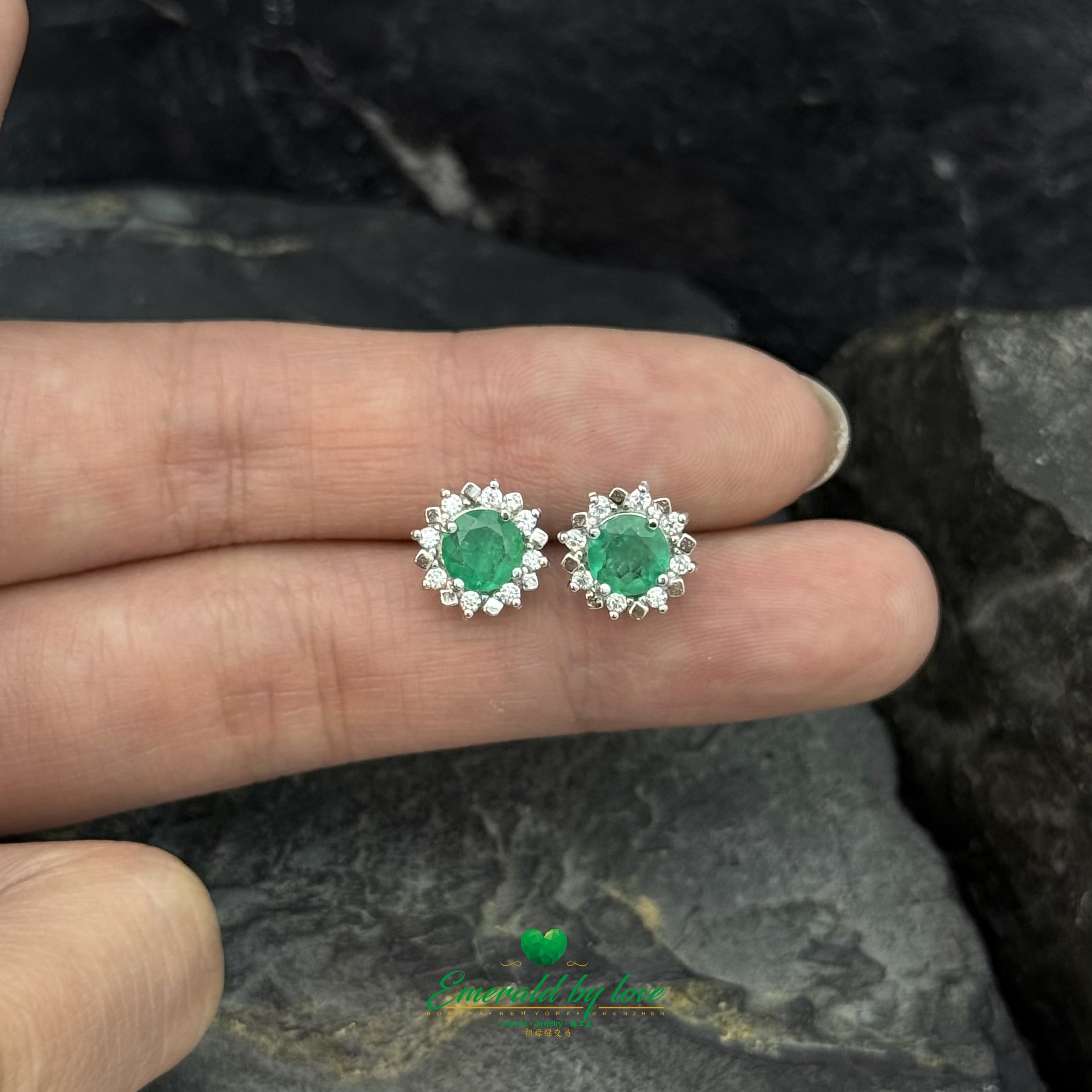 Sunflower-Inspired Earrings with Large Round Colombian Emerald Center