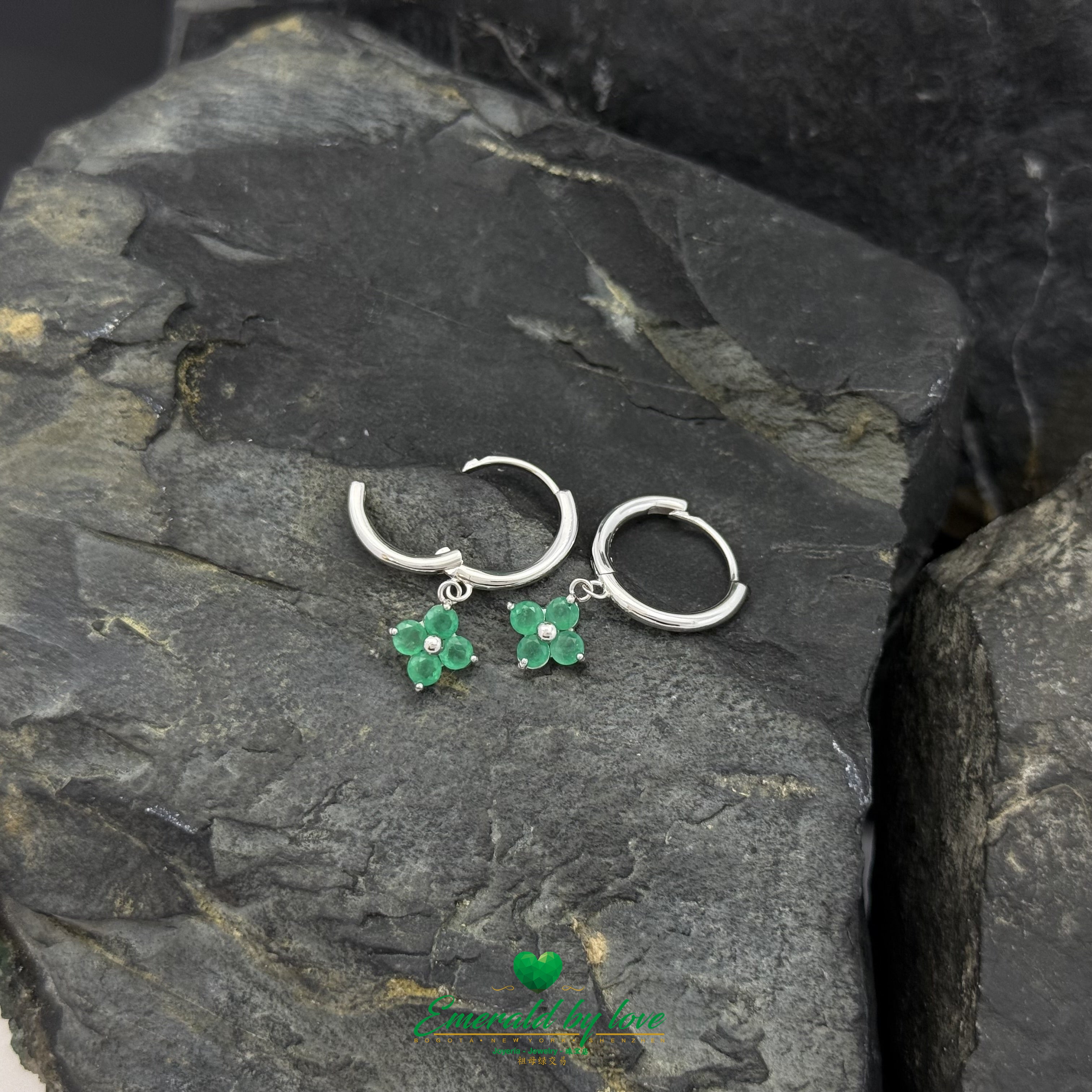 Colombian Emerald Clover Drop Hoops – Round Emerald Dangle Earrings in Luxurious Design