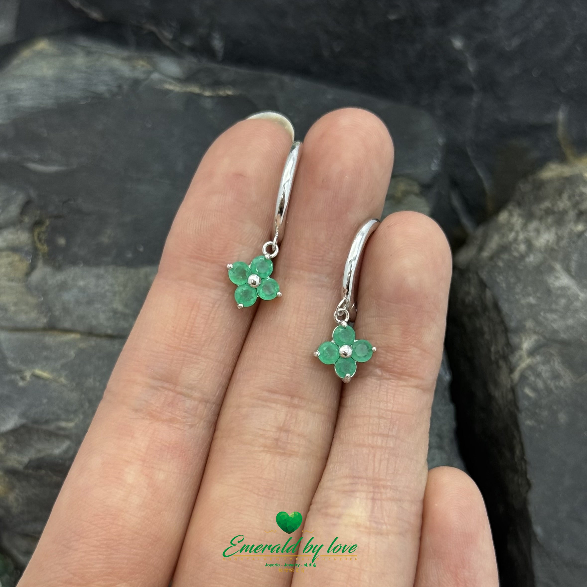 Colombian Emerald Clover Drop Hoops – Round Emerald Dangle Earrings in Luxurious Design