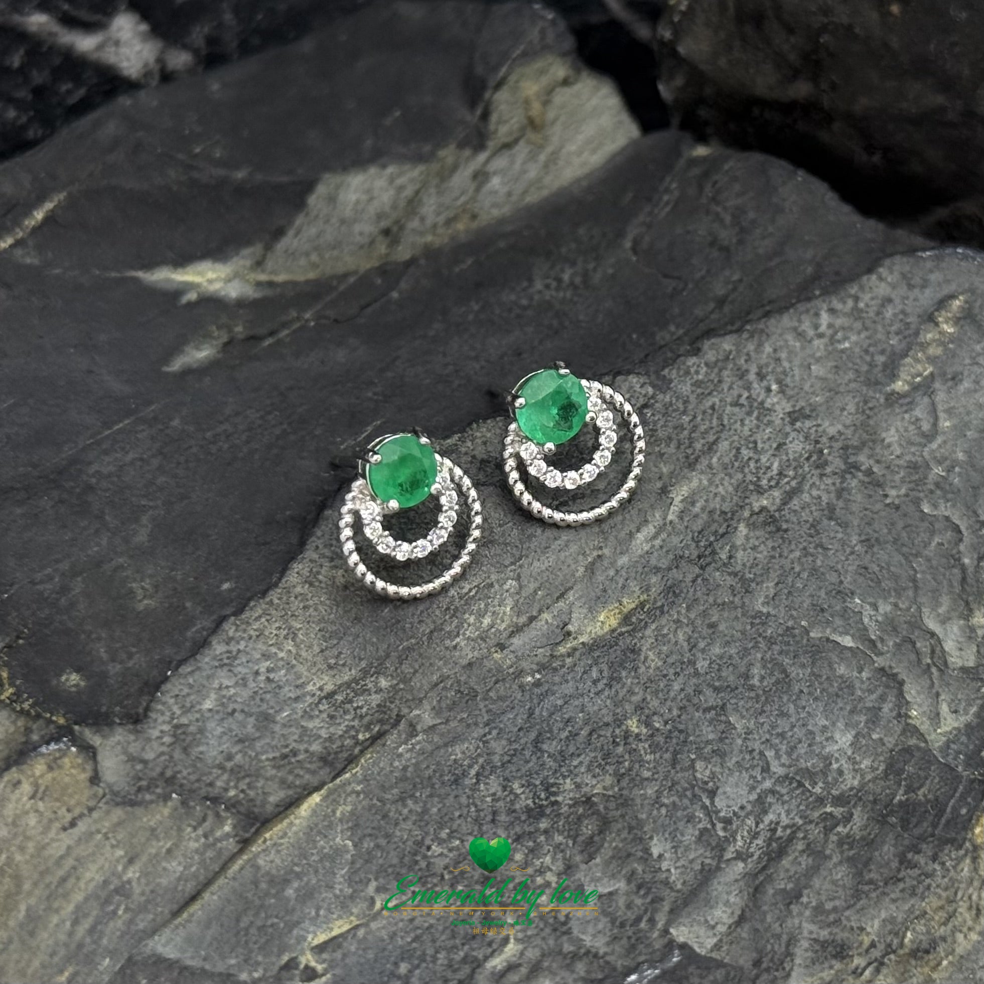 Small Double Hoop Stud Earrings with Round Emerald