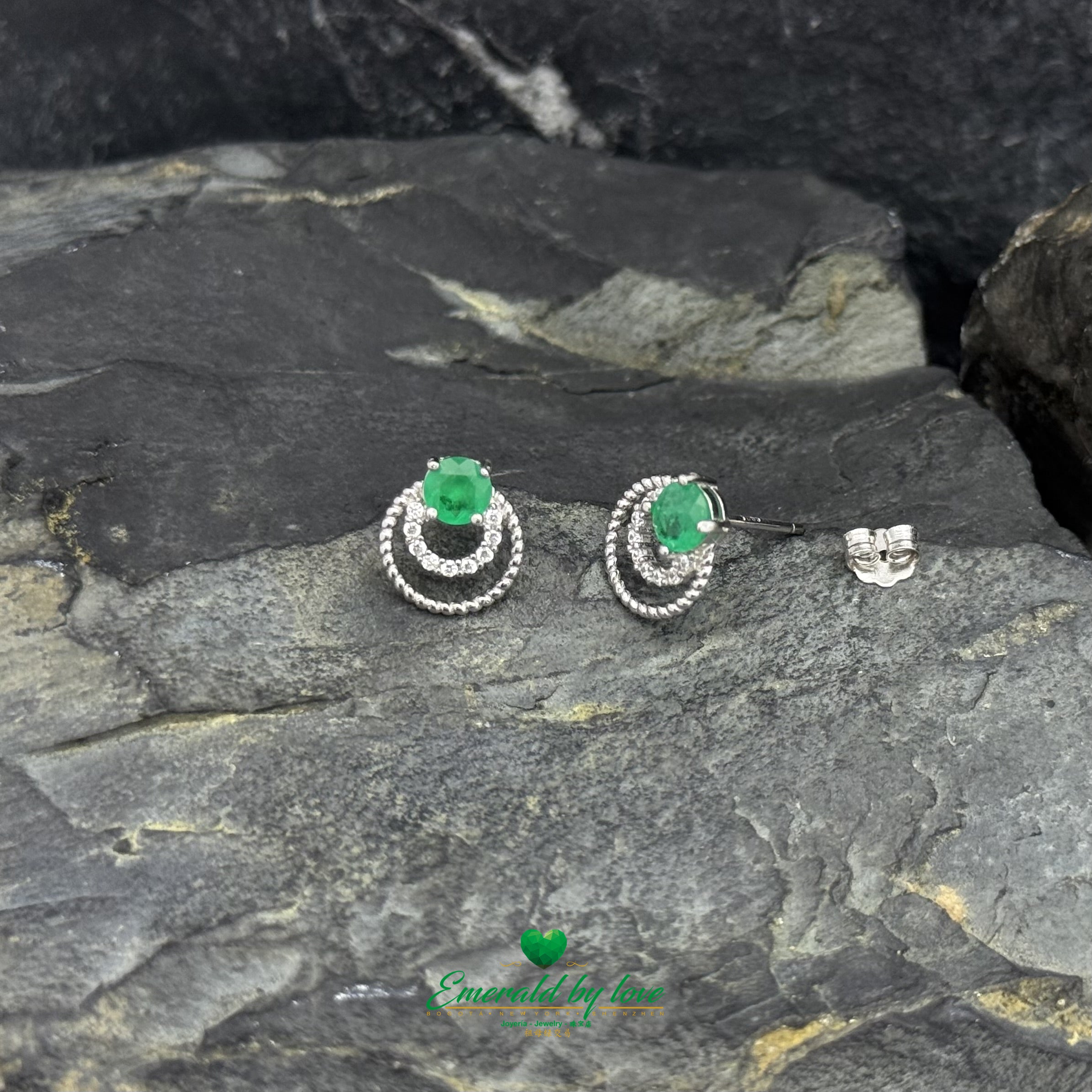 Small Double Hoop Stud Earrings with Round Emerald
