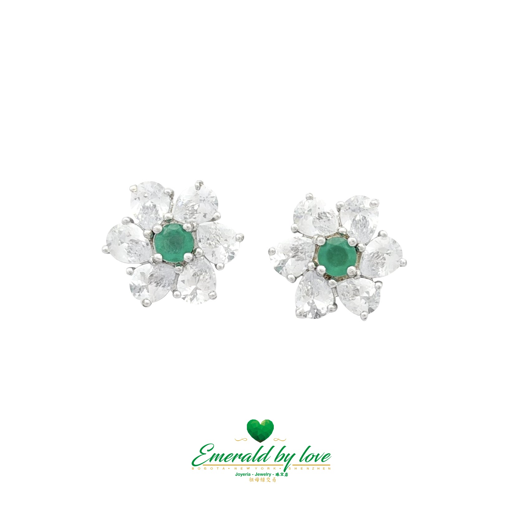 Large Floral Silver Earrings with Central Colombian Emerald