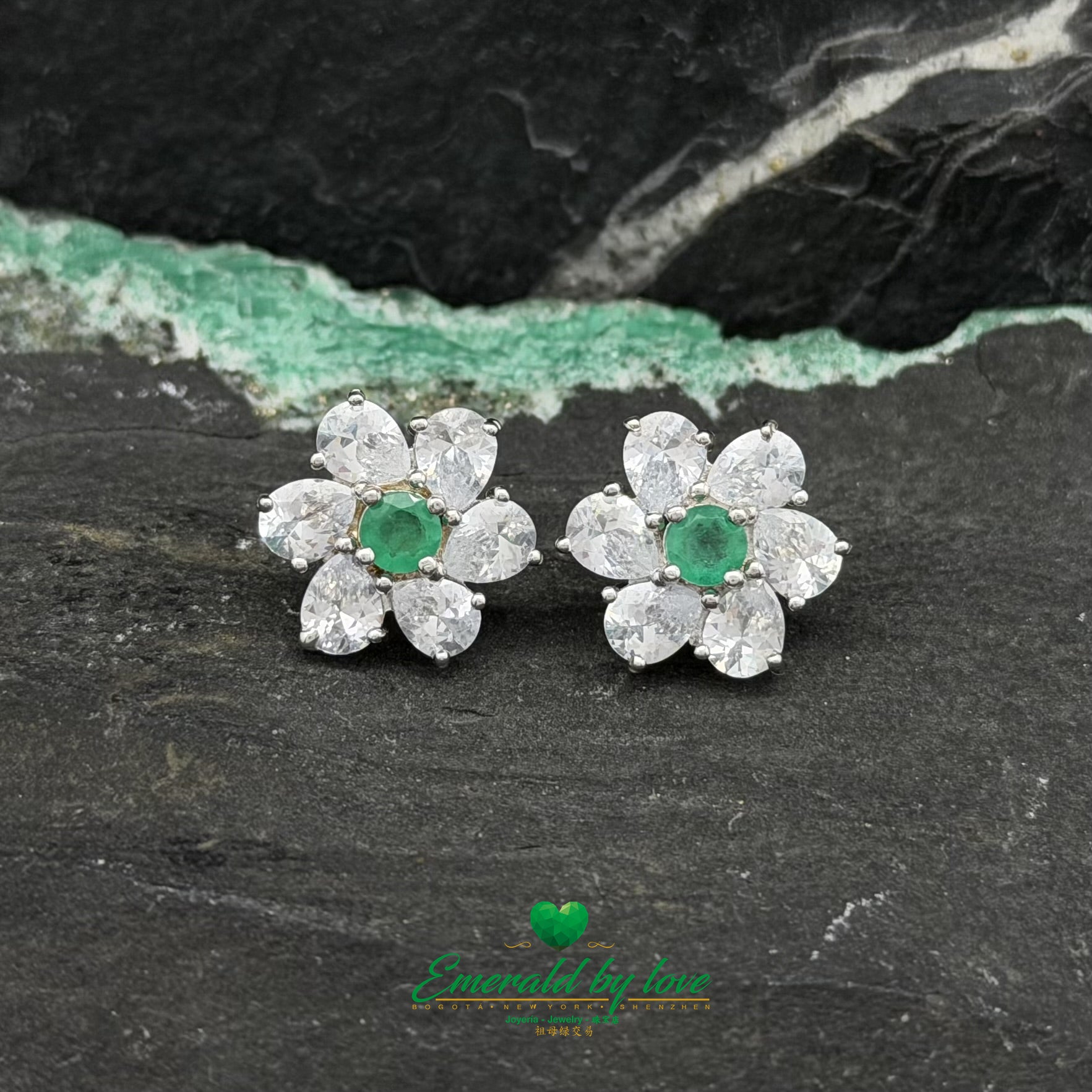 Large Floral Silver Earrings with Central Colombian Emerald