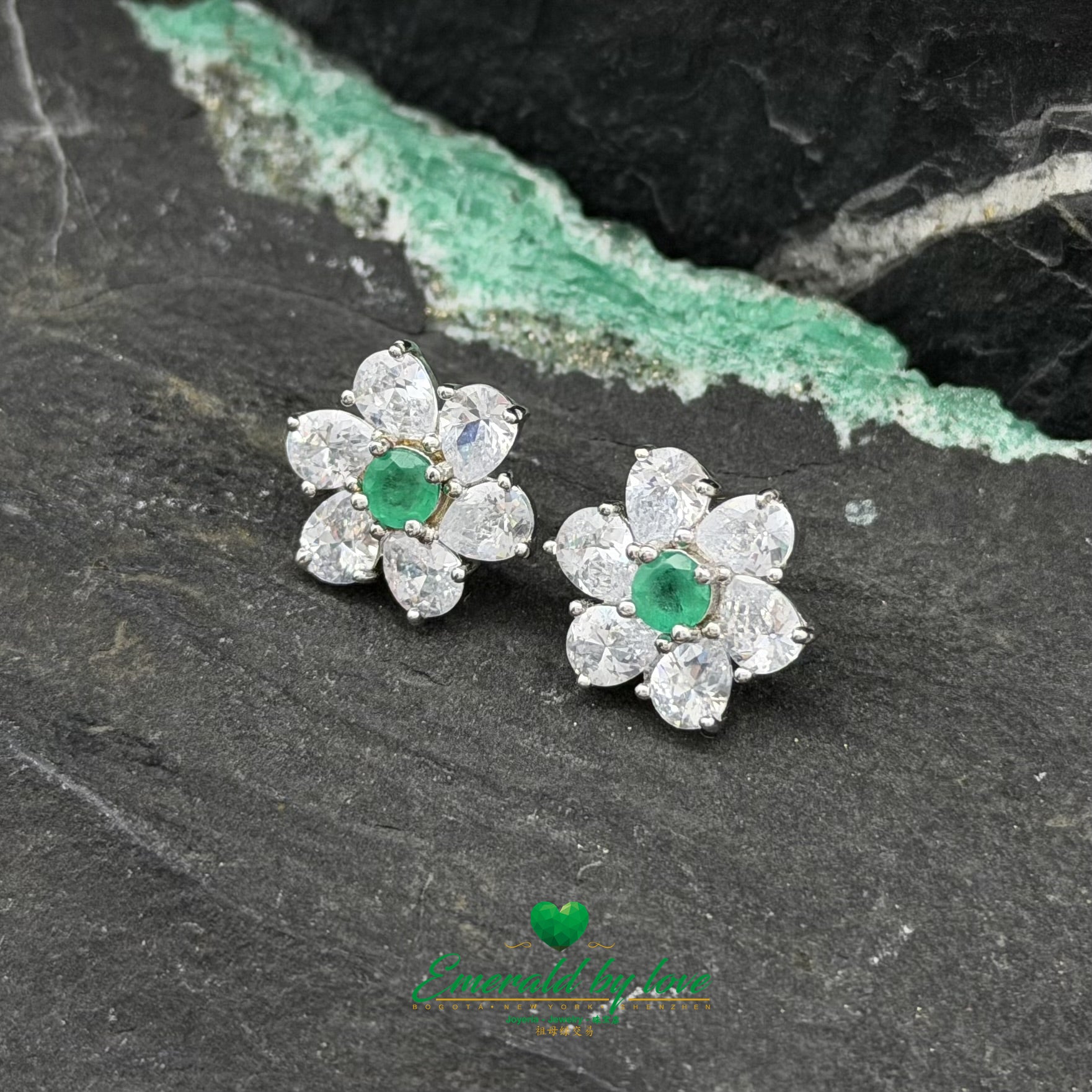 Large Floral Silver Earrings with Central Colombian Emerald