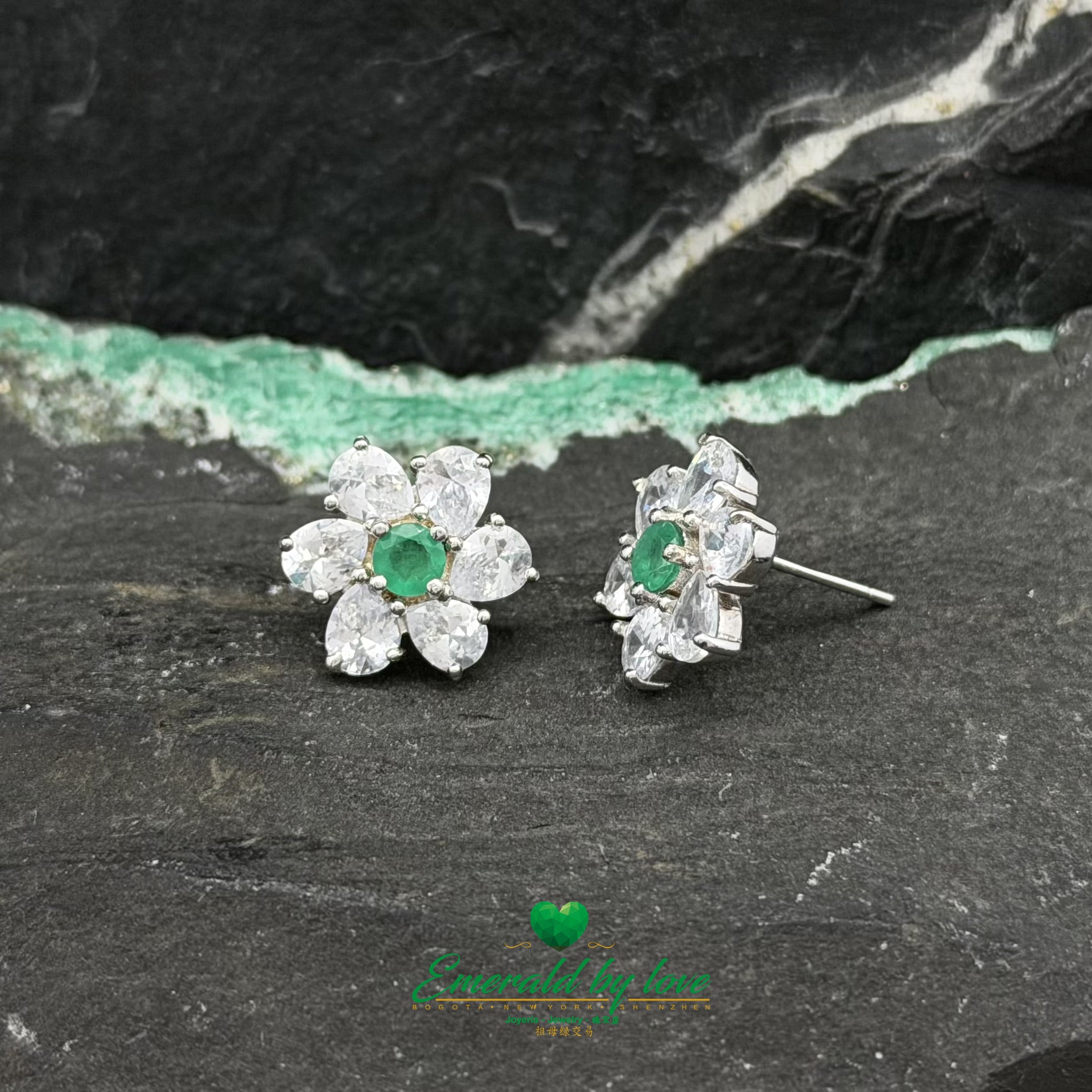 Large Floral Silver Earrings with Central Colombian Emerald
