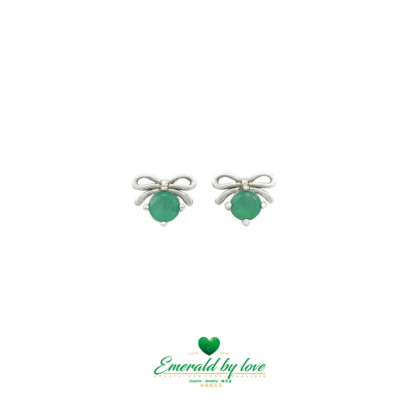 Delicate Silver Bow Earrings with Round Emeralds