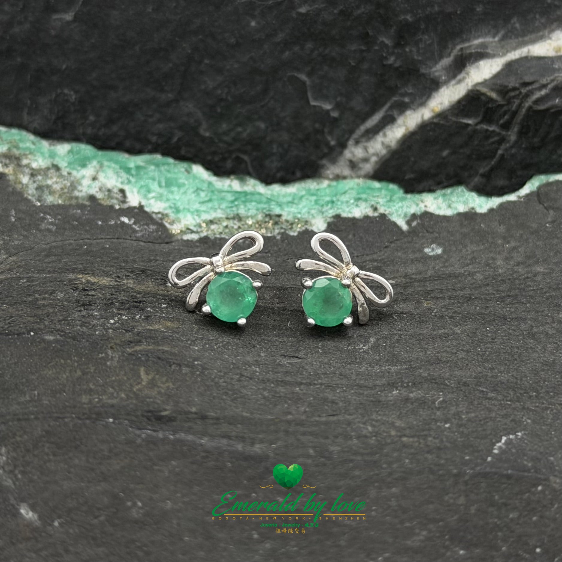 Delicate Silver Bow Earrings with Round Emeralds
