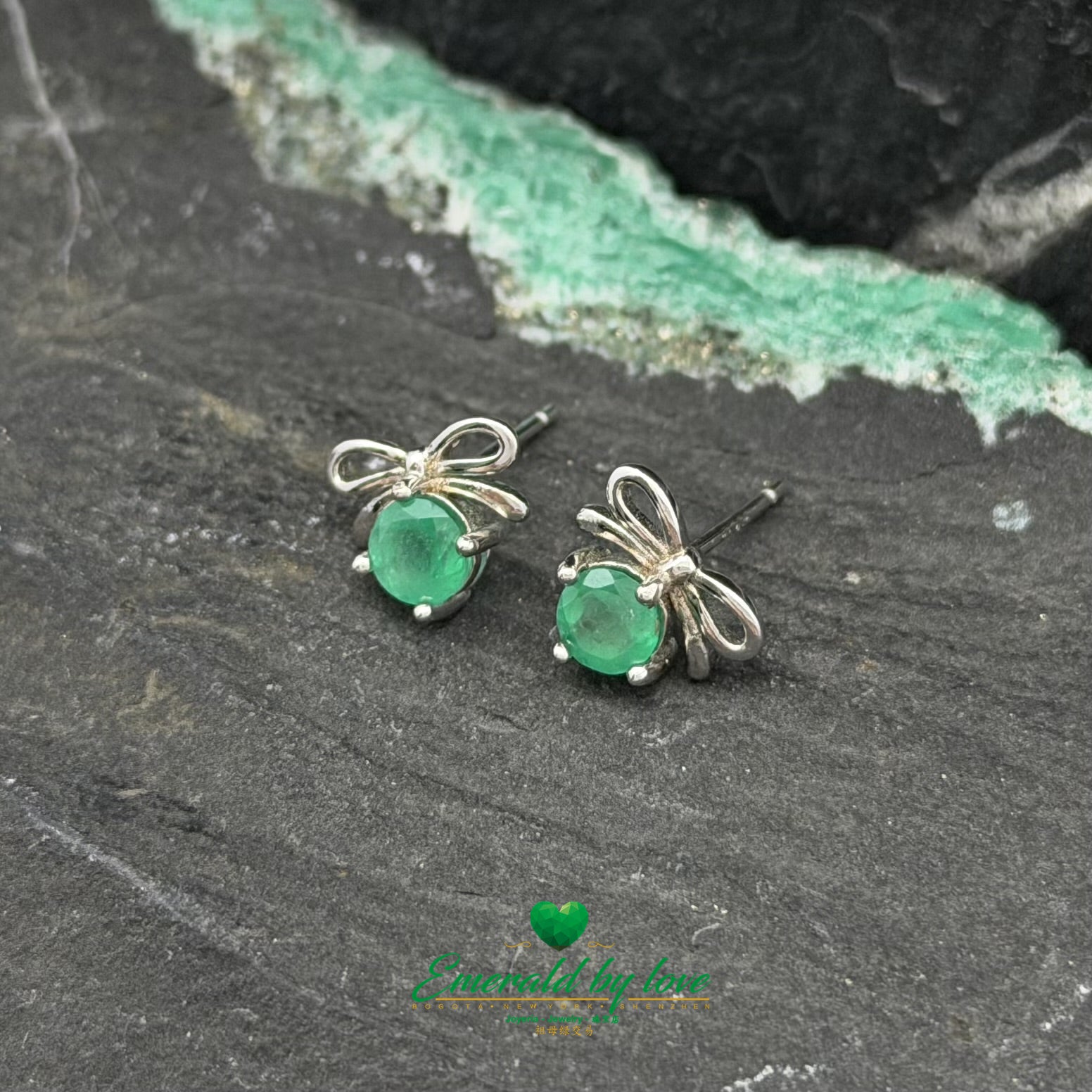Delicate Silver Bow Earrings with Round Emeralds