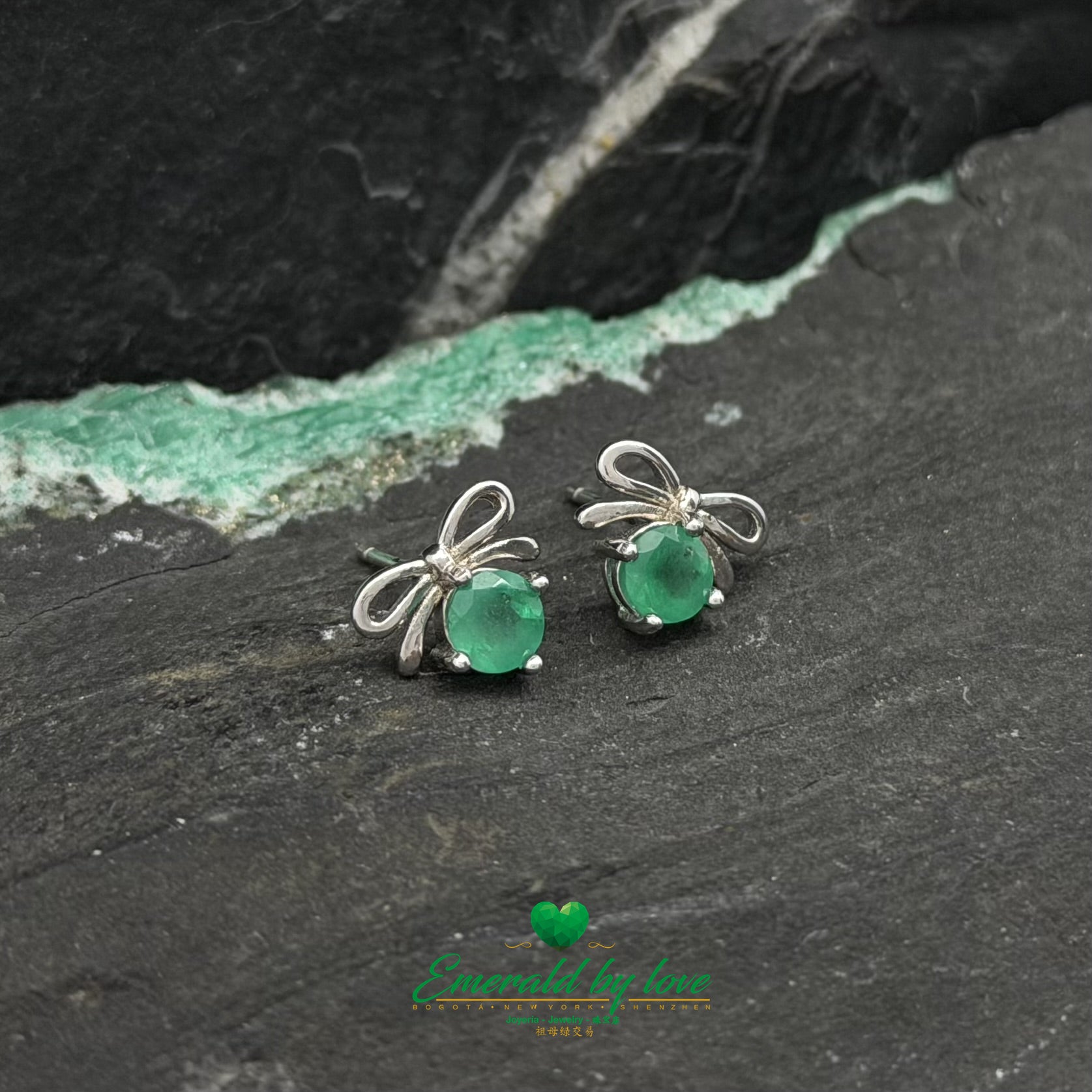Delicate Silver Bow Earrings with Round Emeralds