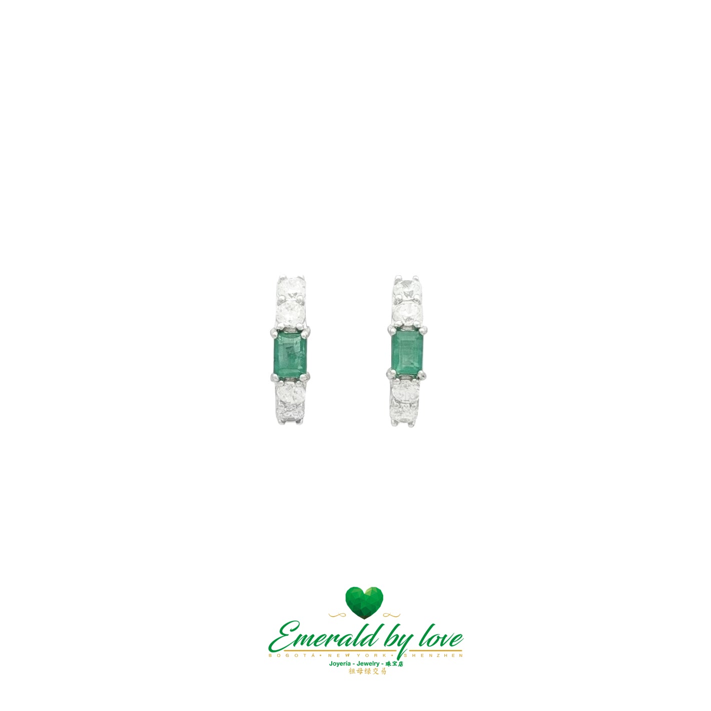 Sterling Silver Hoop Earrings with Round Emerald and Zircons