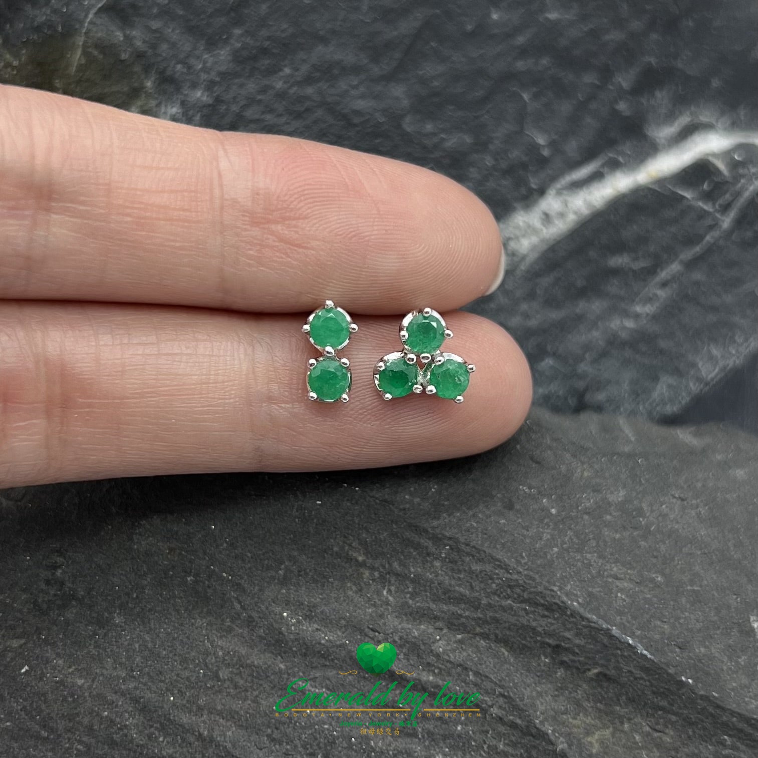 Asymmetrical Round Emerald Earrings: Double Design & Emerald Triangle