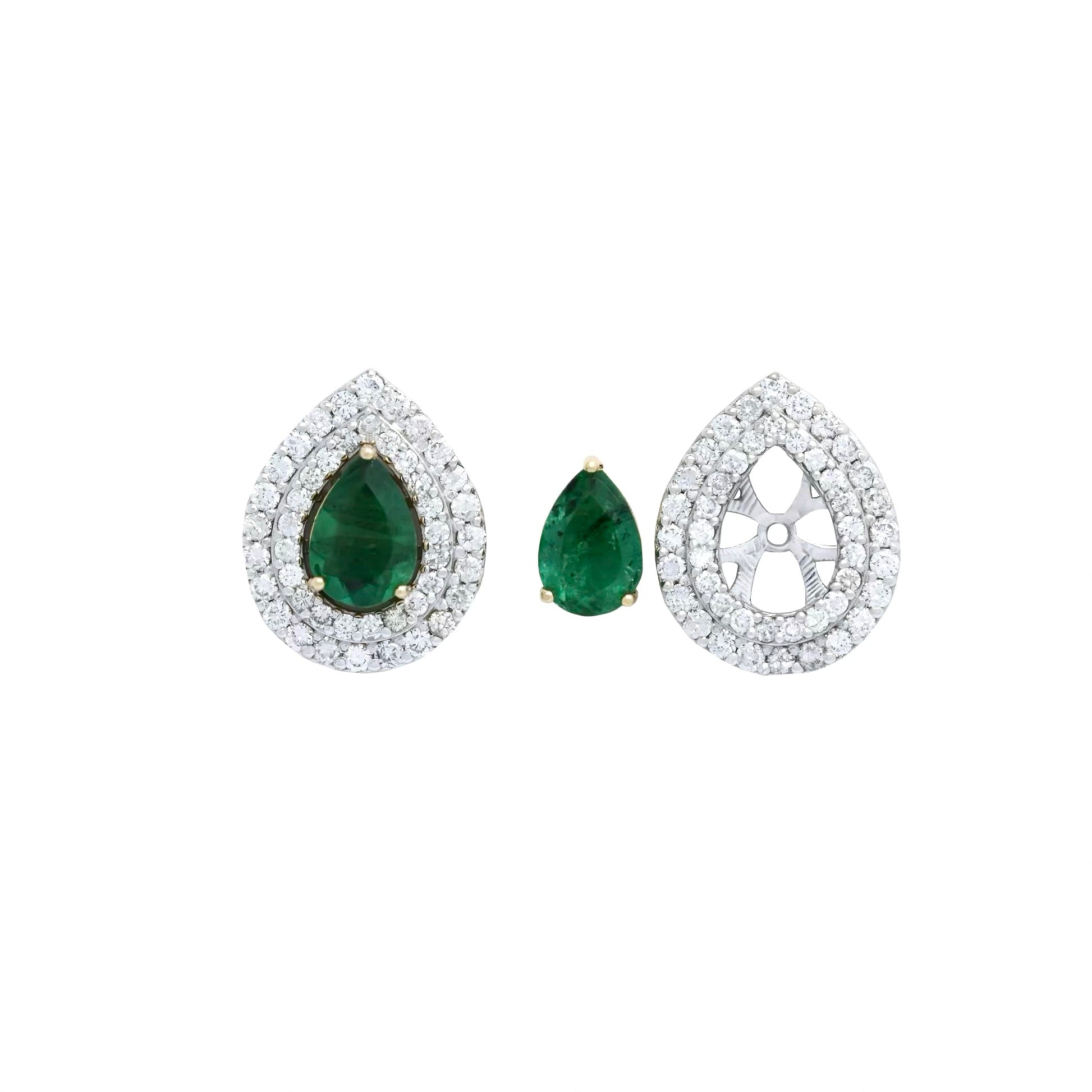 Colombian Emerald Teardrop Jacket Earrings | Yellow Gold & Diamond Halo Design