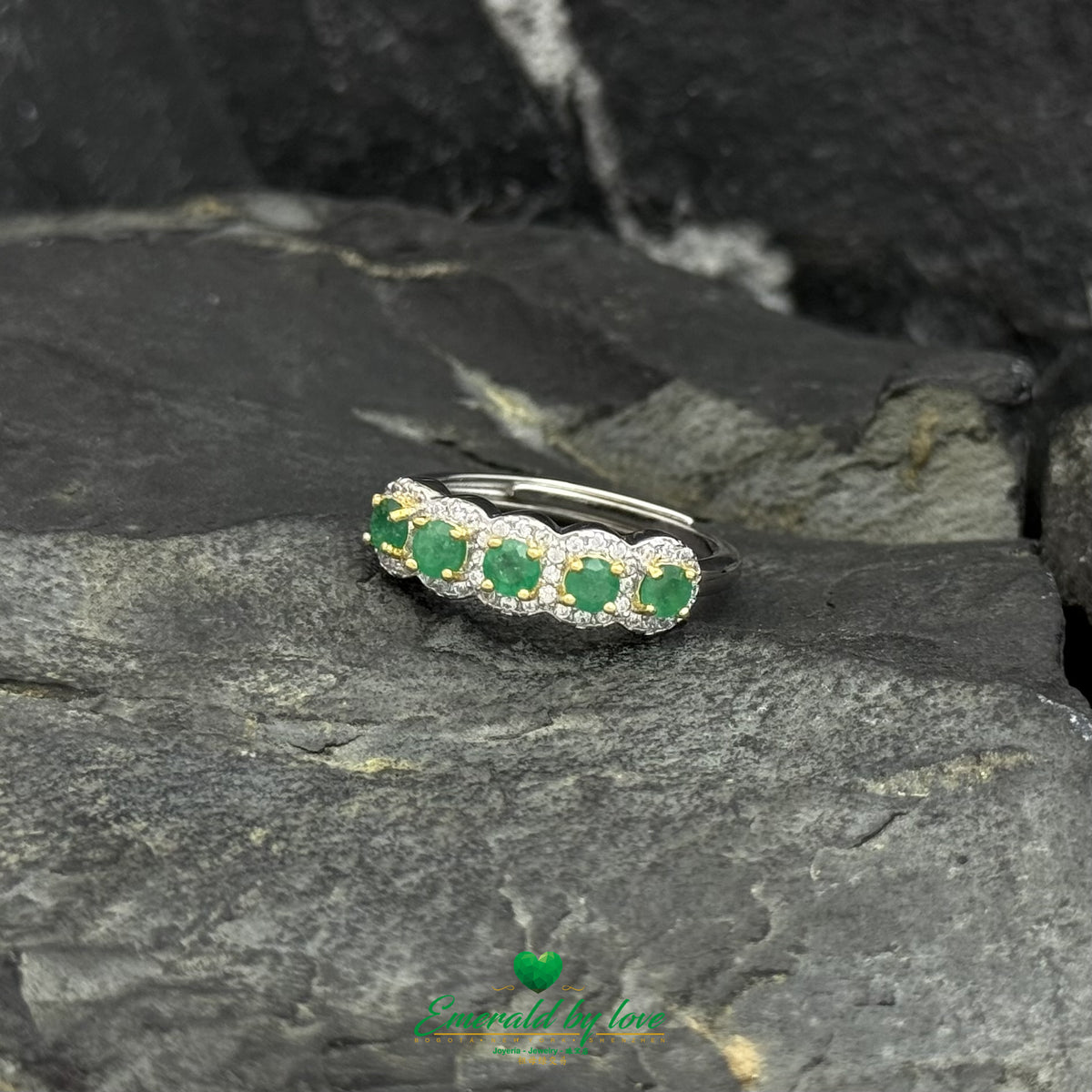 Emerald Band Ring Featuring Gold-Plated Prongs and Zircon Halos