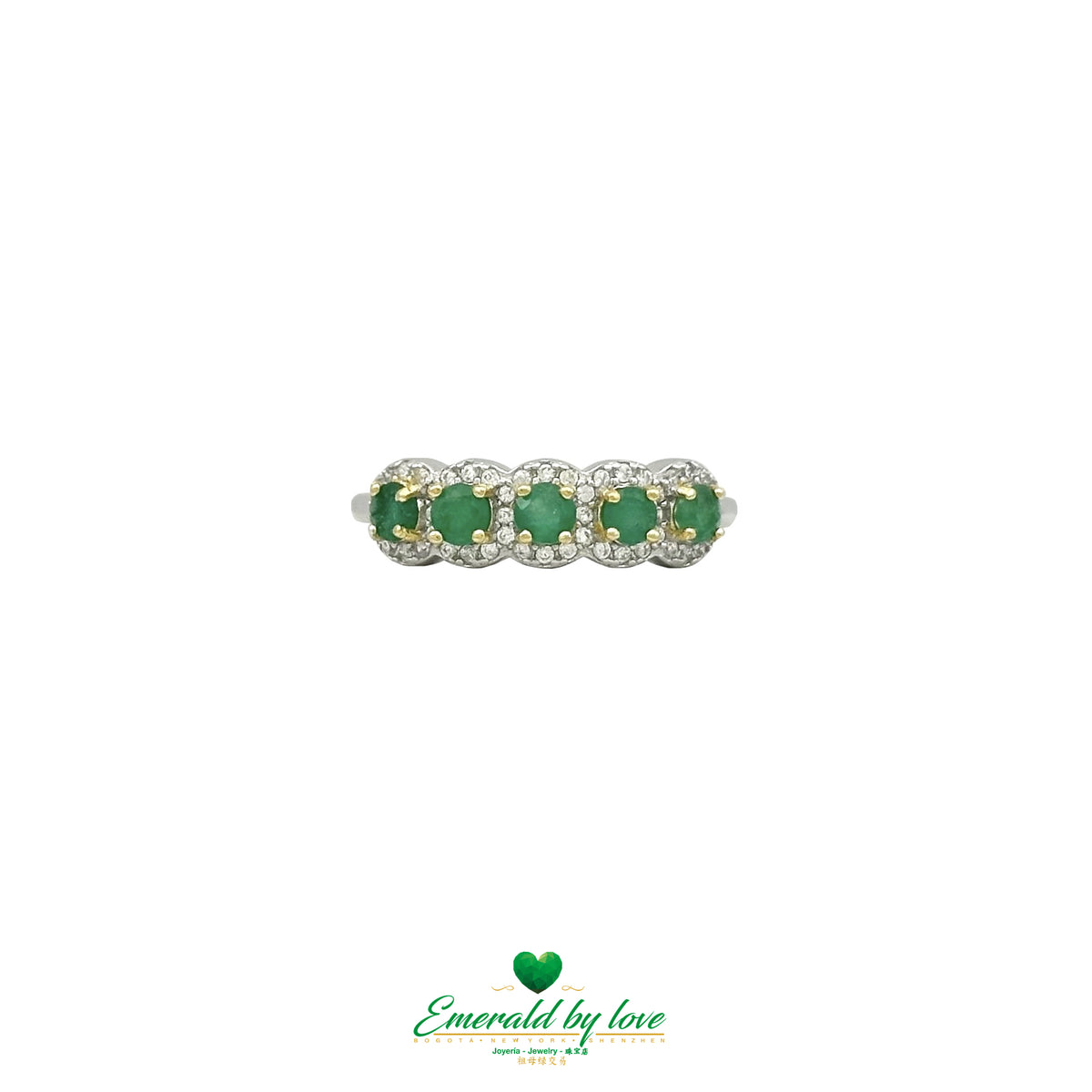 Emerald Band Ring with Gold-Plated Prongs and Zircon Halos